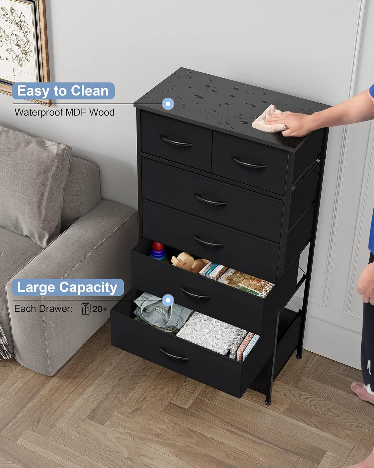 Crestlive Products Vertical Dresser Storage Tower - Sturdy Steel Frame, Wood Top, Easy Pull Fabric Bins, Handles - Organizer Unit for Bedroom, Hallway, Entryway, Closets - 7 Drawers (Black)