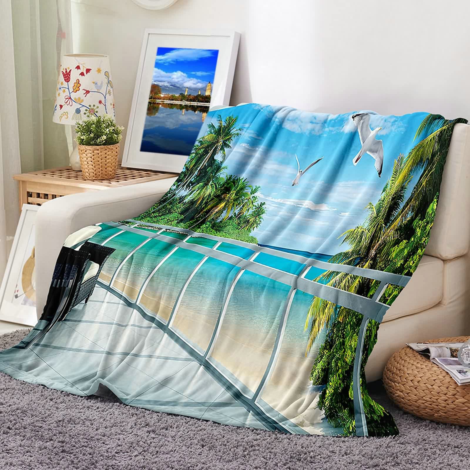 Aeici Koc polarowy, ciepły koc zimowy 150x200 cm plaża mewa kokosowy koc sofa prezent dla dorosłych i dzieci