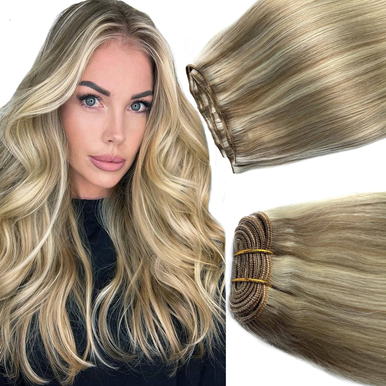 Sew in Hair Extensions Real Human Hair 24 Inch Hand Tied Weft Hair Extensions Human Hair Wefts 120G Ash Blonde Balayage Blonde Hair Extensions Real