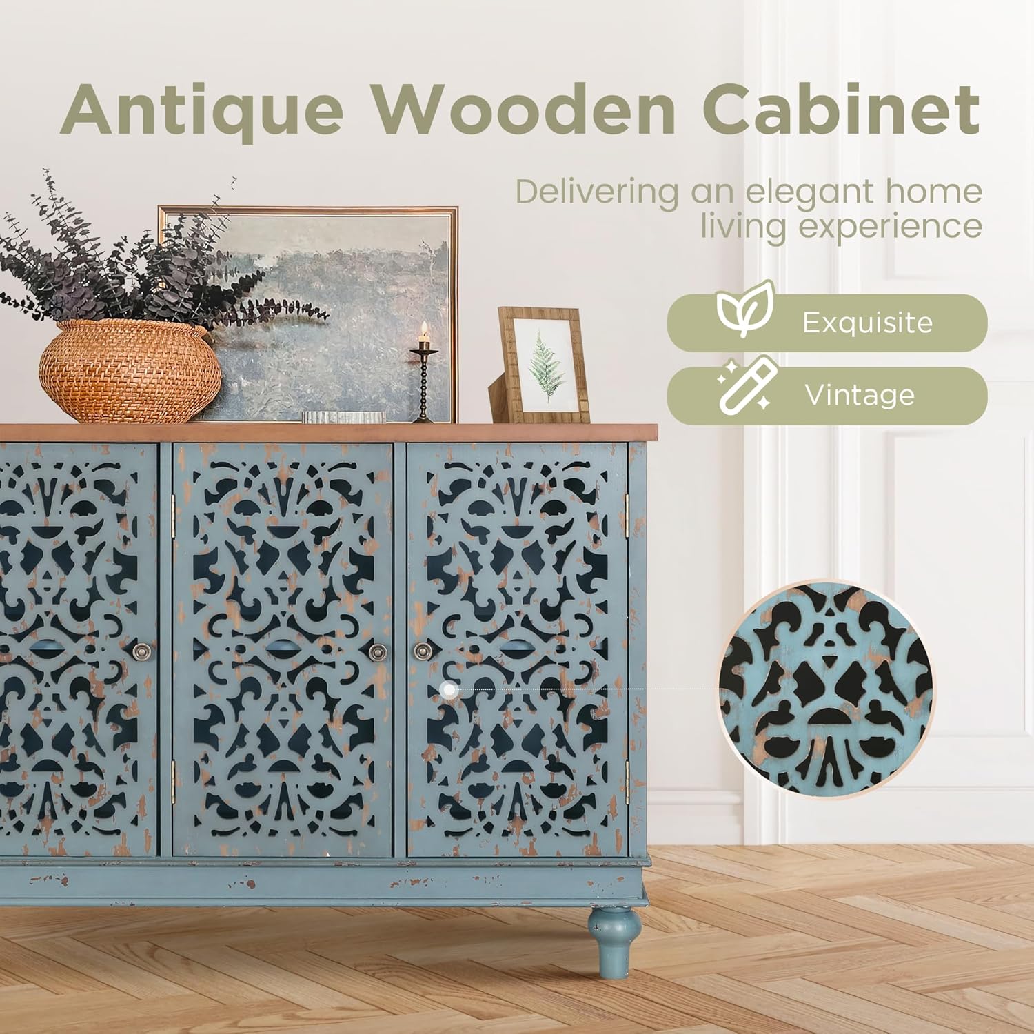 Blue Distressed Wood 3-Door Hollow-Carved Sideboard Cabinet