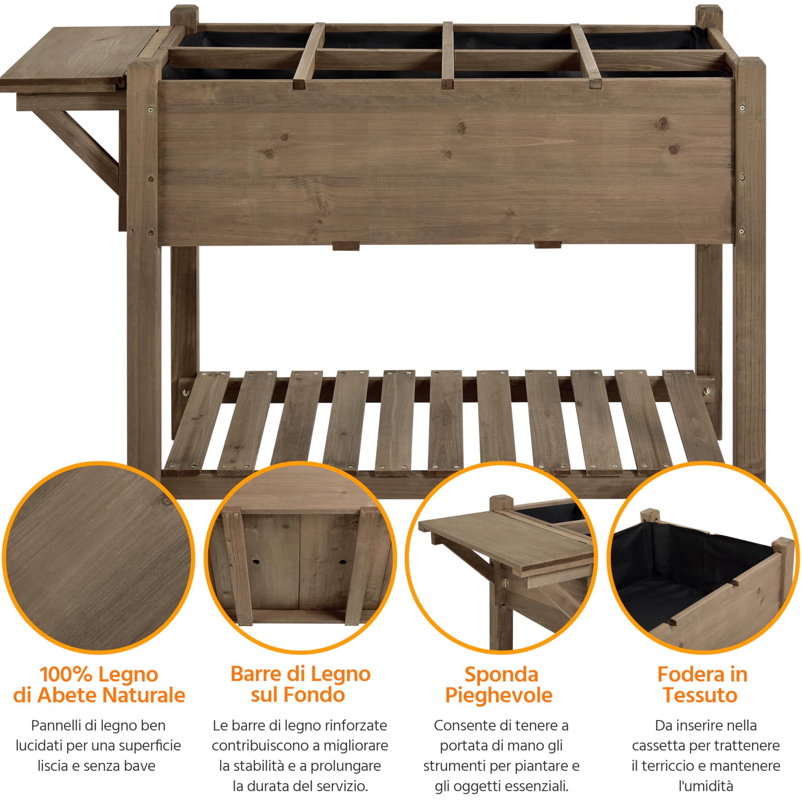 Yaheetech Fioriera/Aiuola Rialzata Orto Balcone da Esterno Giardino Alta in Legno Naturale Lettino per Piante Giardino con Ripiano Pieghevole e Griglia 8 Scompatimenti 123,5 x 54 x 80 cm