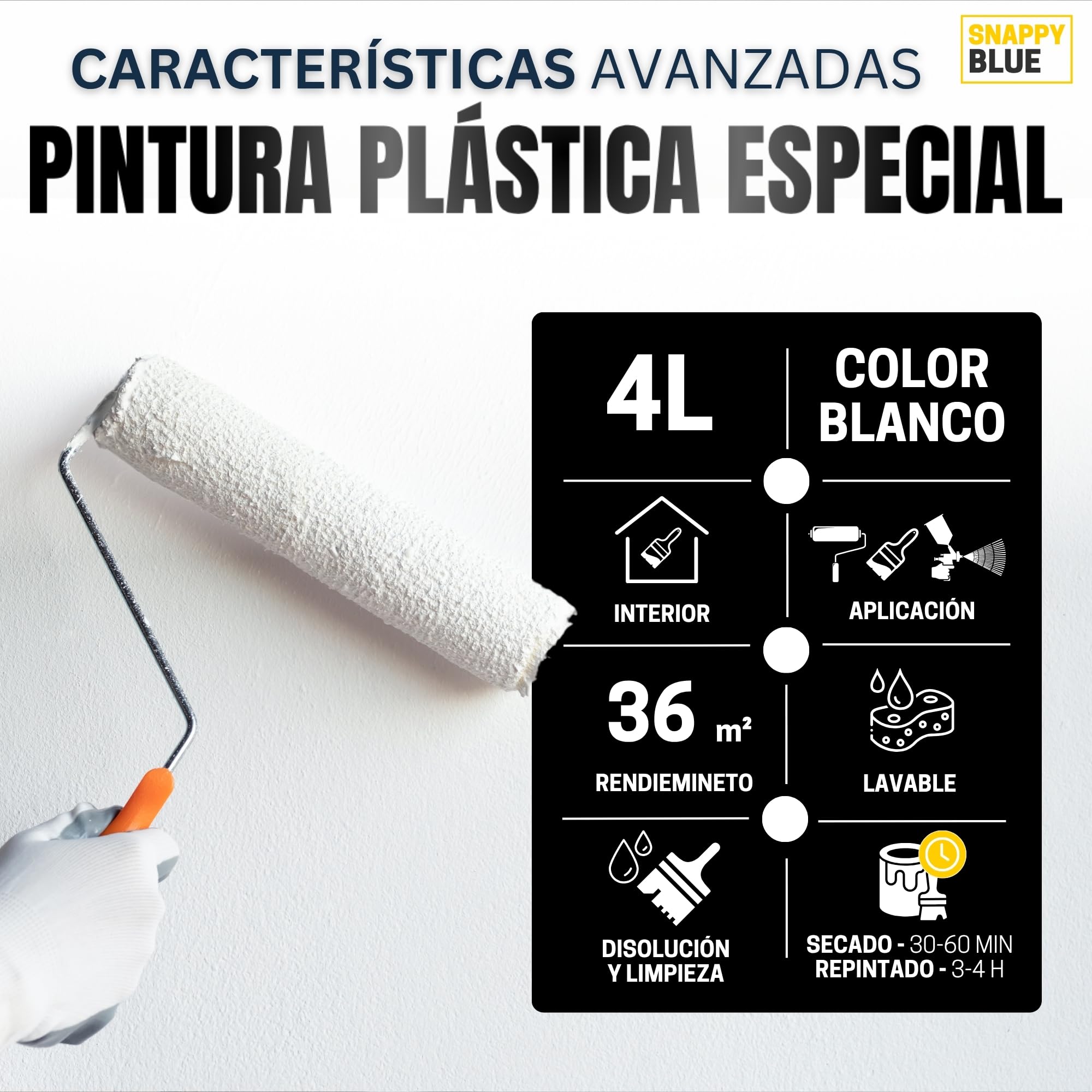 [4L] Pintura Blanca Interior Lavable de aspecto Mate, Pintura Plastica Blanca Interior para Múltiples Superficies con Alta Transpirabilidad, Pintura Pared (4L)