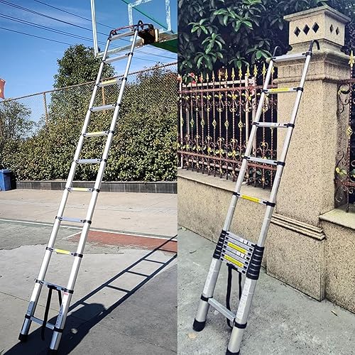 Miniatura 26 de Escalera telescópica de aluminio de 12.5 pies, escalera extensible con 2 ganchos desmontables, diseño de bloqueo de seguridad portátil y ligero