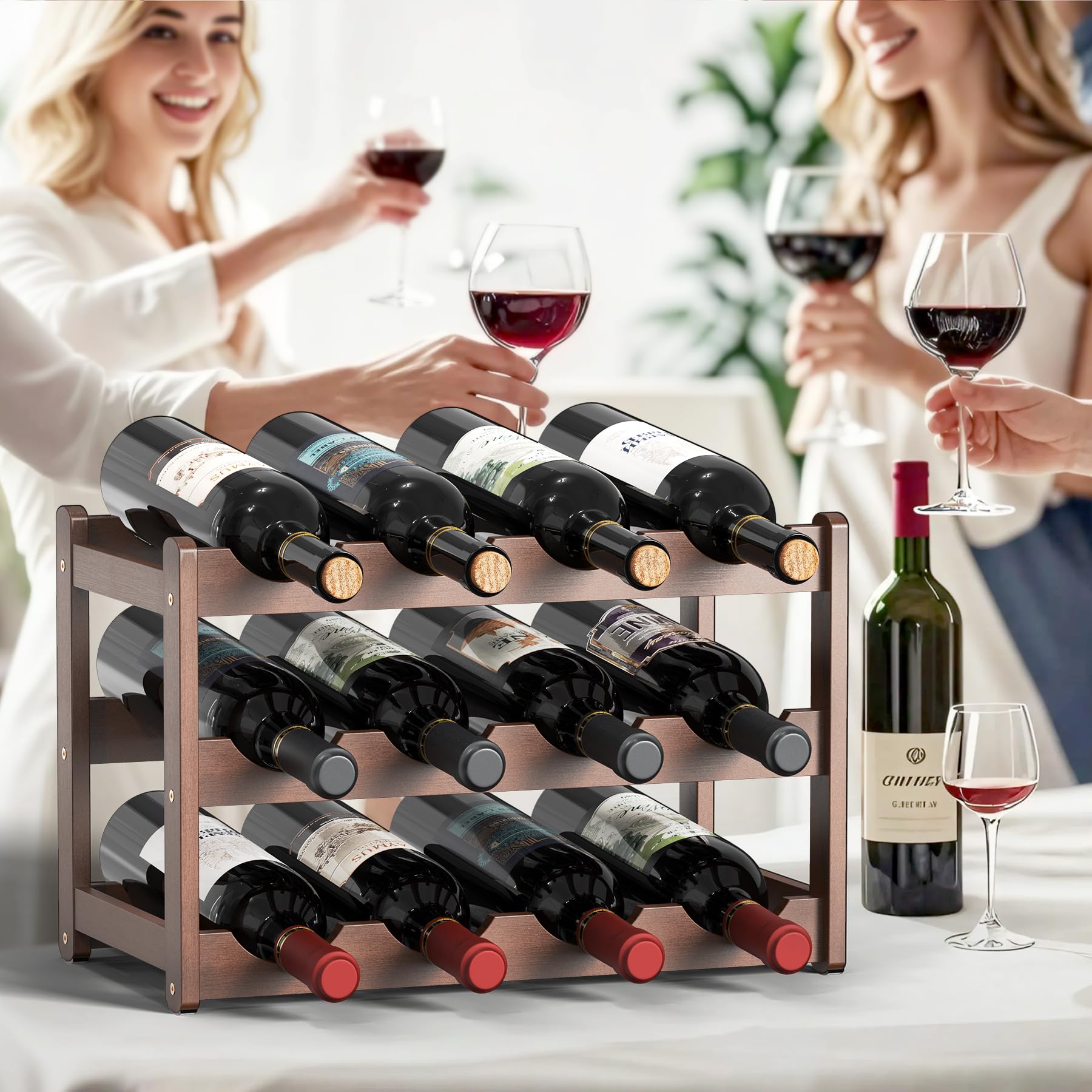 Botelleros para encimera, 3 pisos de 12 botellas de madera, bodega, cocina, enfriador de vino, bar, estante de almacenamiento de vino, 4 soportes para copas de vino (marrón) (CAWR-03)