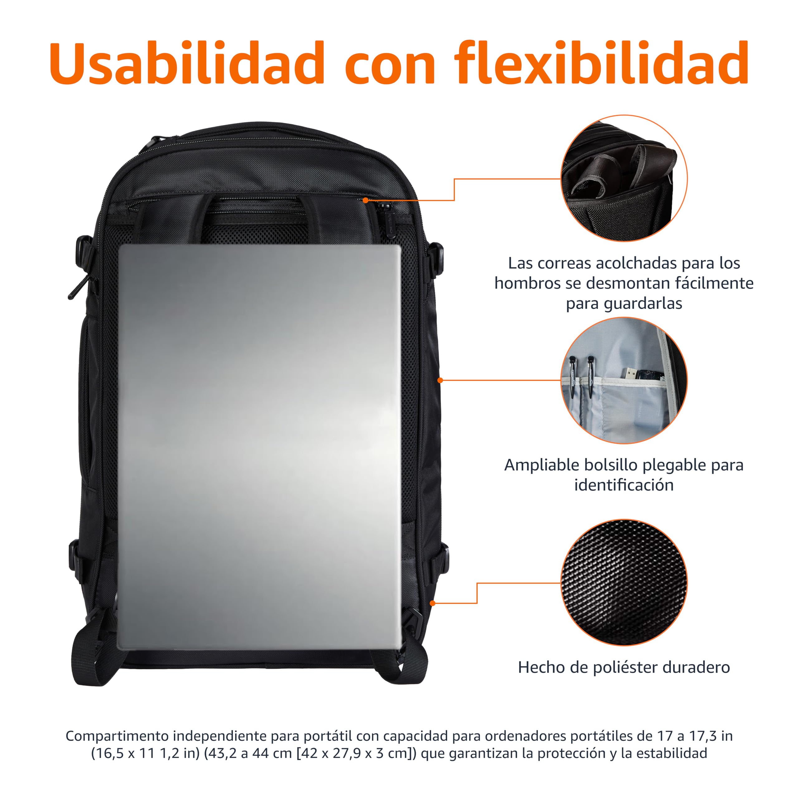 Amazon Basics Mochila de Viaje 40L, Equipaje de Mano (51x38x20cm), Tirantes Acolchados, Compartimento Portátil 17", Bolsillos Organizados - Negro