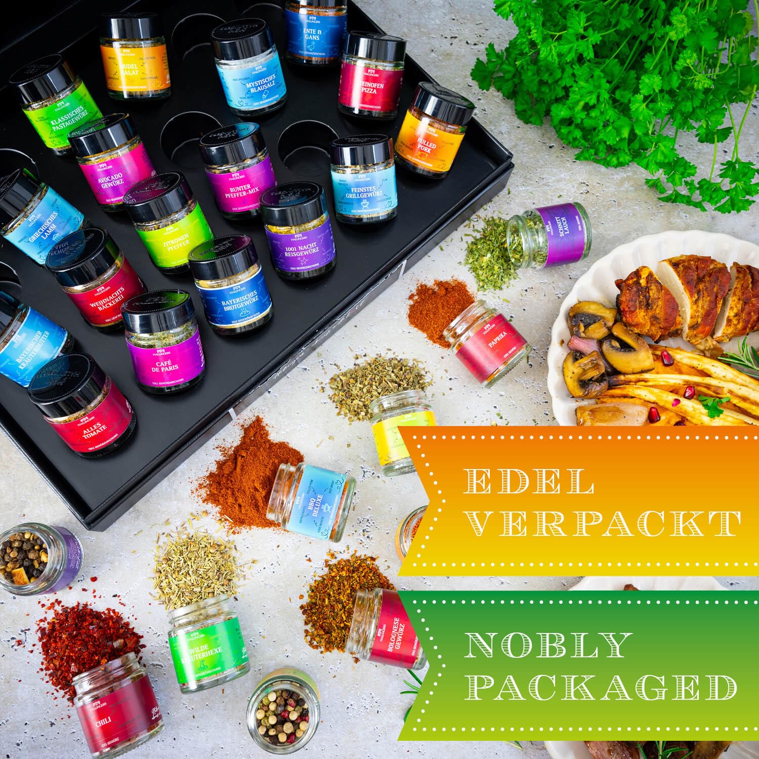 Hallingers Genuss Manufaktur Gewürz Geschenk-Set - 24 Gewürze aus aller Welt in wertiger Geschenkbox mit Rezept-Booklet "Deluxe Selektio...", Geschenkidee für Frauen Männer