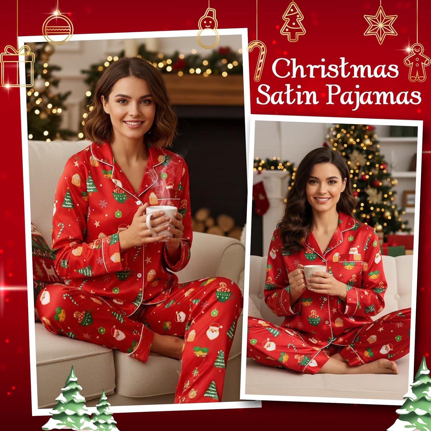 Christmas Women Satin Silk Pajamas Long Sleeve Sleepwear 2 Piece Button Up Pjs Set Xams Soft Loungewear - Image 5