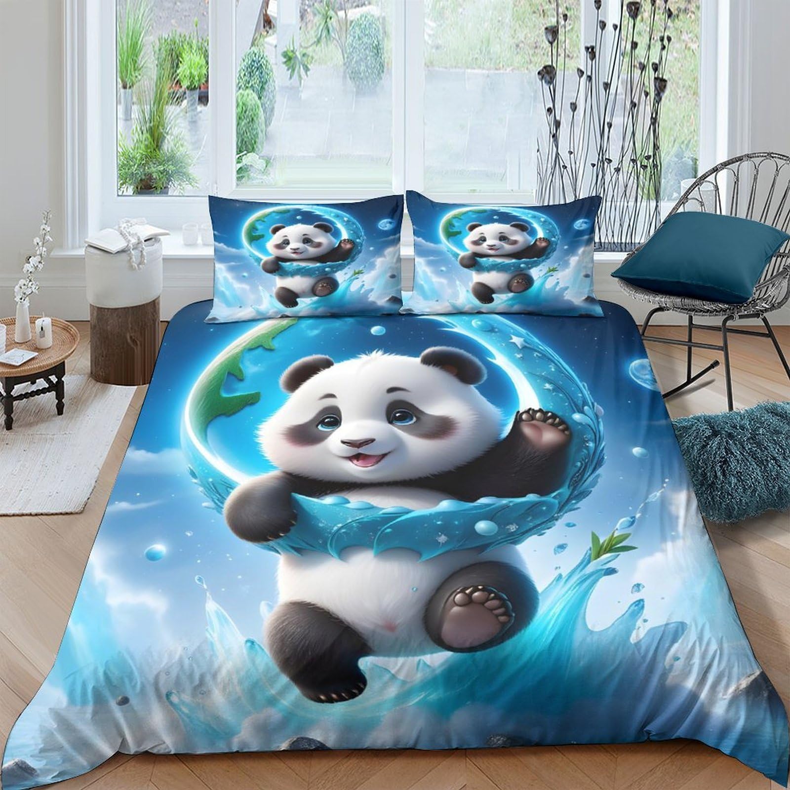 Ctjqhvkz Style-2 3D Printed Cartoon Panda Fitted Sheet Microfiber Soft Blue Dream Forest Mattress Cover Bedroom Decor Single（135X200cm）