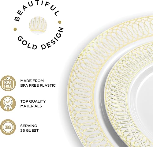 Miniatura 3 de 252 platos blancos y dorados servilletas suministros de fiesta vajilla para adultos 36 juegos juego de platos de plástico dorado pequeño y grande