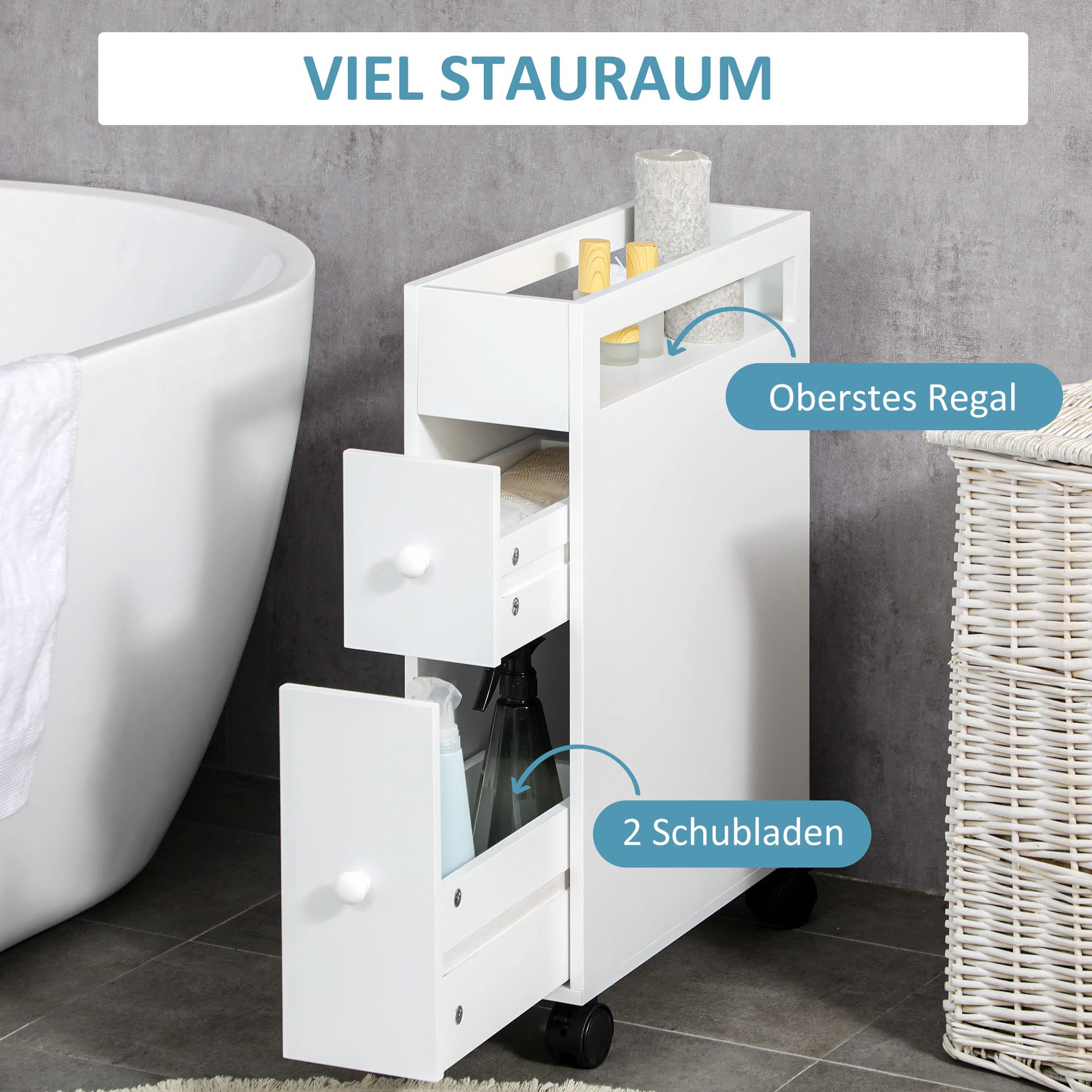 BAKAJI Badkamer met wielen kast trolley smal ruimtebesparend multifunctioneel, wit, technisch hout, standaard