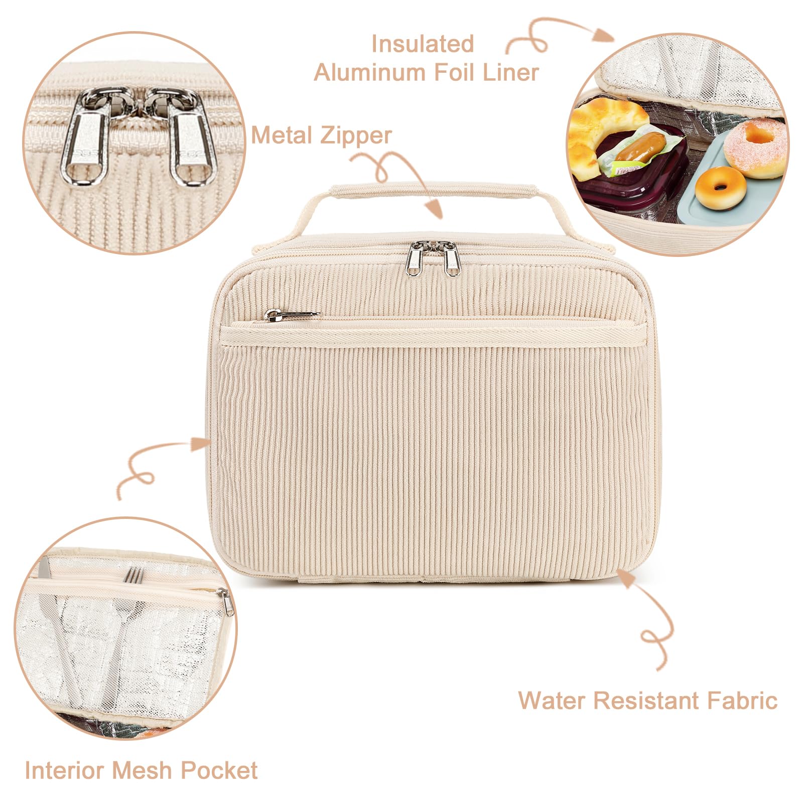 LEDAOU Children's Lunch Bag Boys Girls 5L Lunch Bag Insulated Bag with Zip Thermal Bag Lunch Bag Cool Bag for School Hiking Work (Corduroy Beige) - Image 3