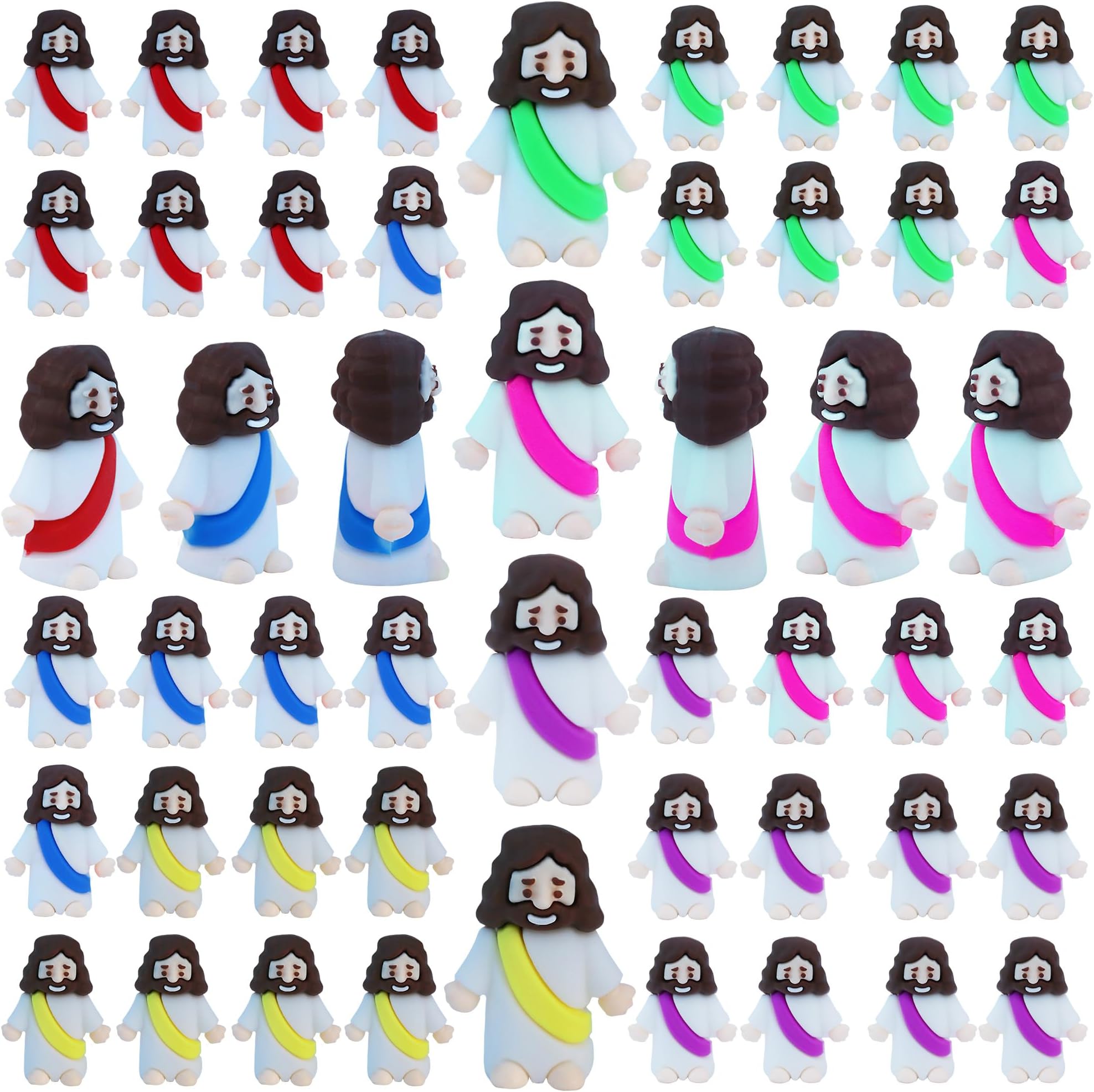 50 Pcs Mini Jesus Figures Easter Mini Rubber Jesus Toys to Hide and Seek, Miniature Religious Party Favors Baptism Gifts Sunday School Easter Egg Stuffers (6 Color*50)