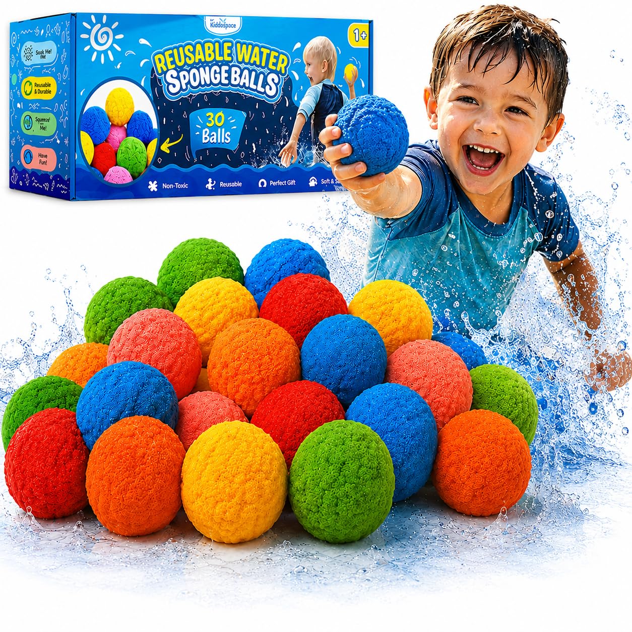 Kiddospace Reusable Water Balloons Sponge Balls (Pack of 30),Soft Soaker Splash Balloons for Outdoor Water Games,Pool and Beach Activities,Reusable Water Toys for Summer Fun for ages 3 and above