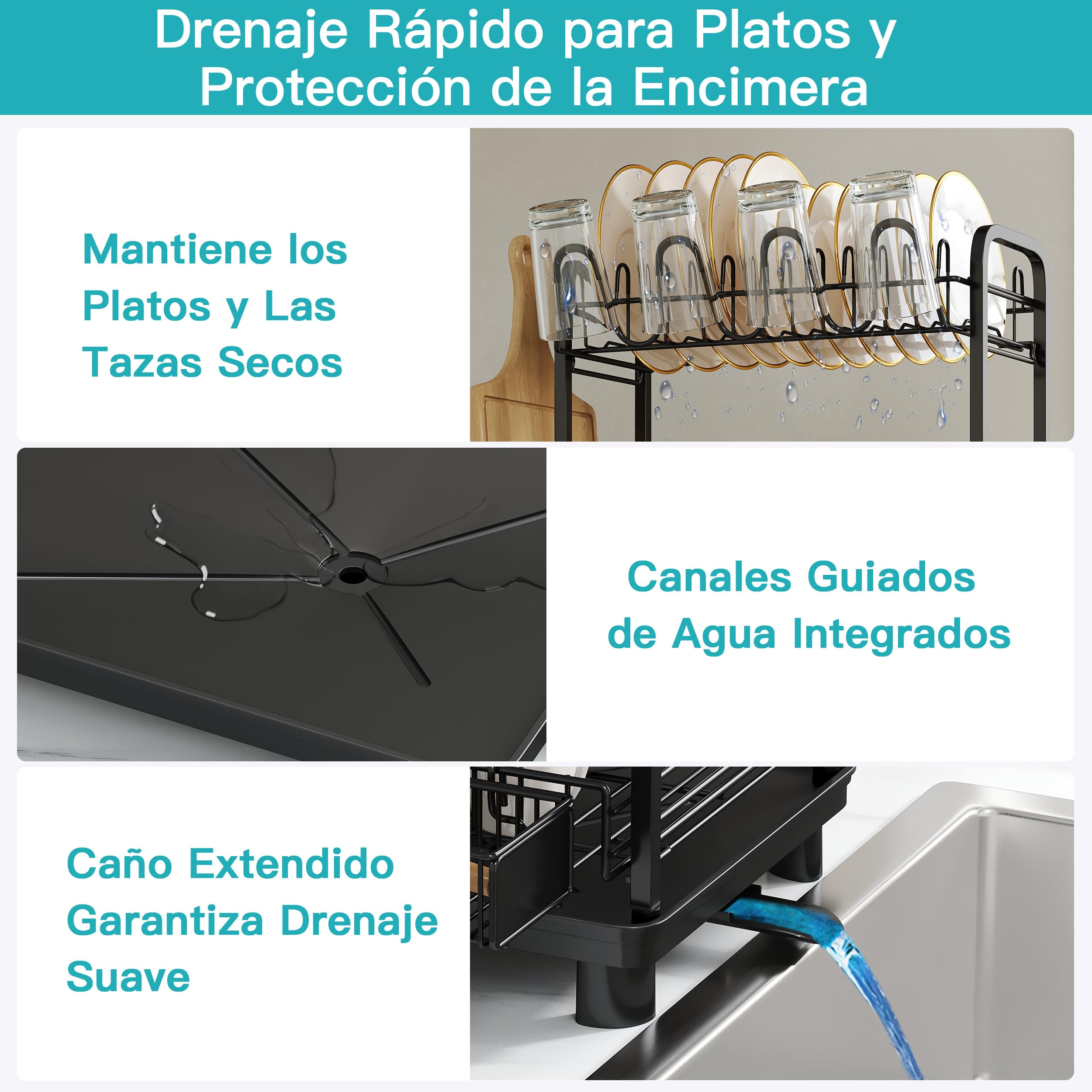 Boosiny Escurreplatos Acero Inoxidable con Drenaje Automático, Escurridor de Platos Grande de 2 Niveles con Portavasos y Porta Utensilios, Escurridor para Fregadero (Negro)