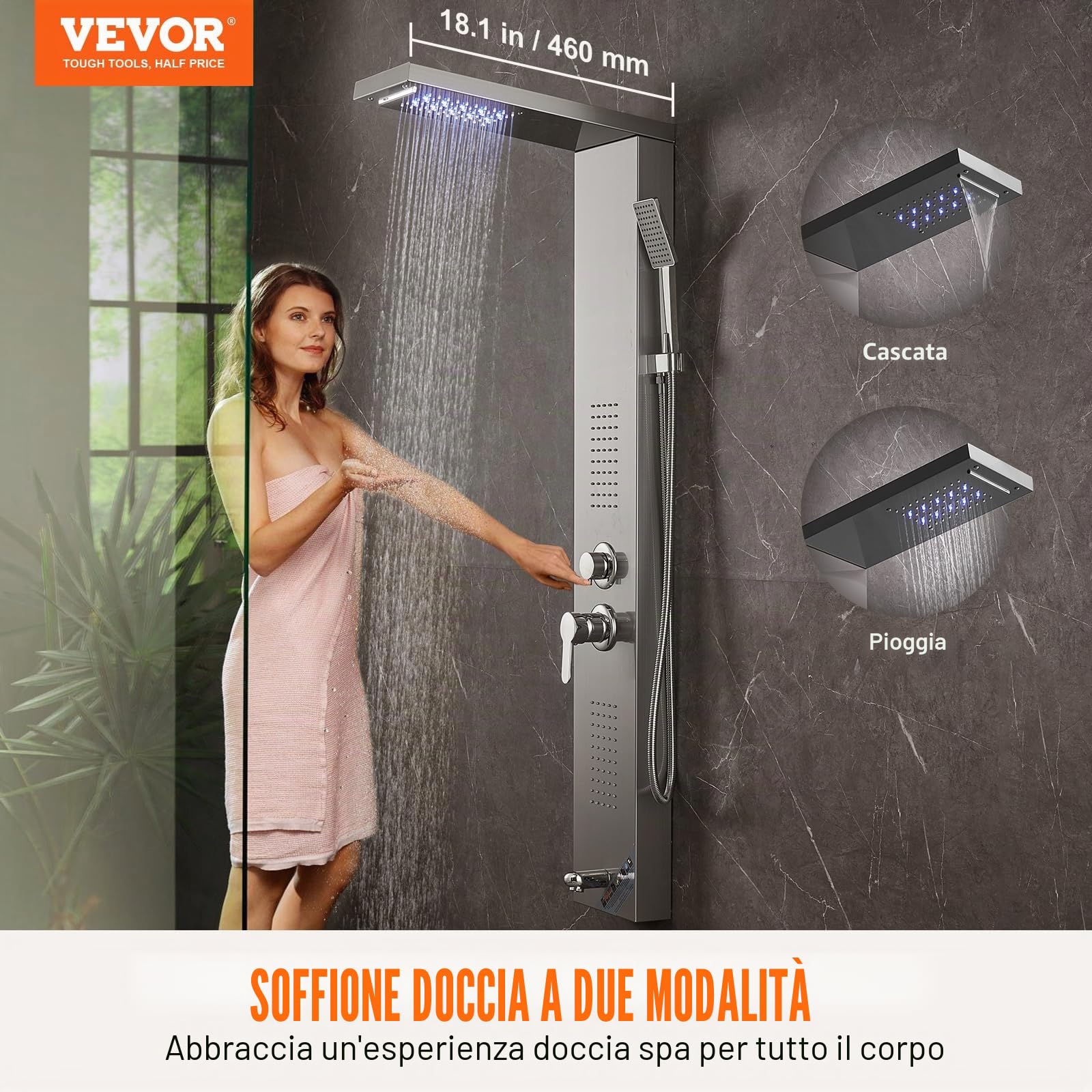 VEVOR Pannello Doccia 5 Modalità, Torre Doccia LED, Pioggia, Cascata, 2 Getti Massaggianti, Bocca Vasca, Soffione Mano, Argento Spazzolato
