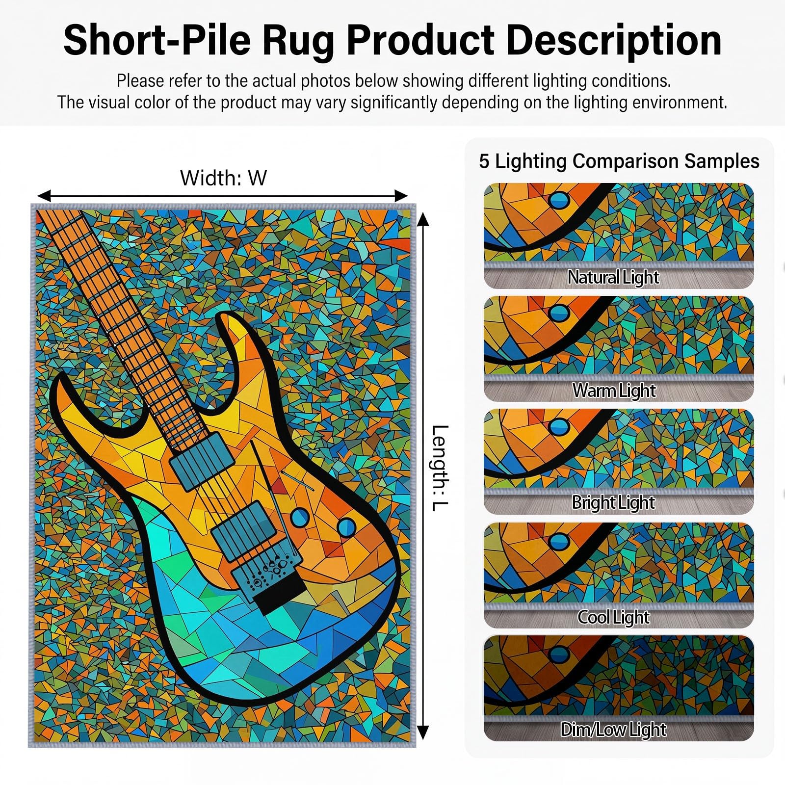 Tapis de Salon Lavable 180 x 240 cm Guitare Électrique Vitrail, Tapis Antidérapant à Poils Ras Géométrique pour Cuisine Bureau Salle à Manger - Moquette Décoration Intérieure Chambre d'enfant
