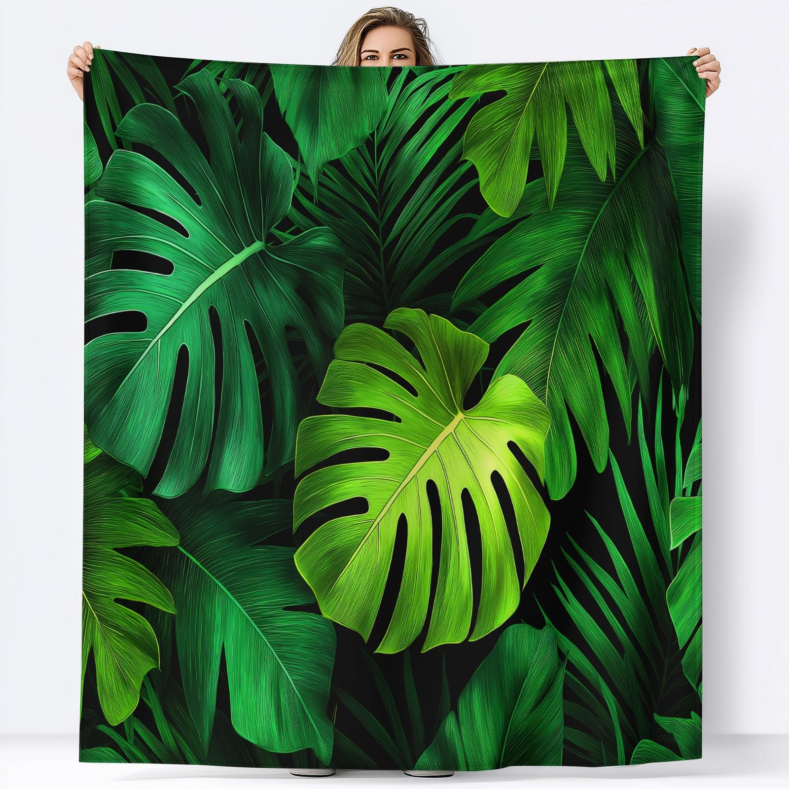 Puszysty koc flanelowy, narzuta na sofę, łóżko, krzesło, miękka tropikalna pościel z liści monstery, 221 x 239 cm, dekoracyjny, ultramiękki koc na łóżko dla dzieci, nastolatków, dorosłych, 220 x 240