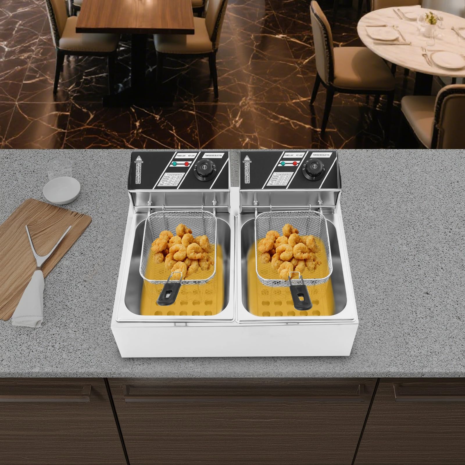 Friggitrice elettrica Commercial da 12 l (2 x 6 L), 5000 W (2,5 KW+2,5 KW), in acciaio inox, doppia friggitrice con zona fredda, termostato 60-200 °C, spina europea per ristoranti e spuntini