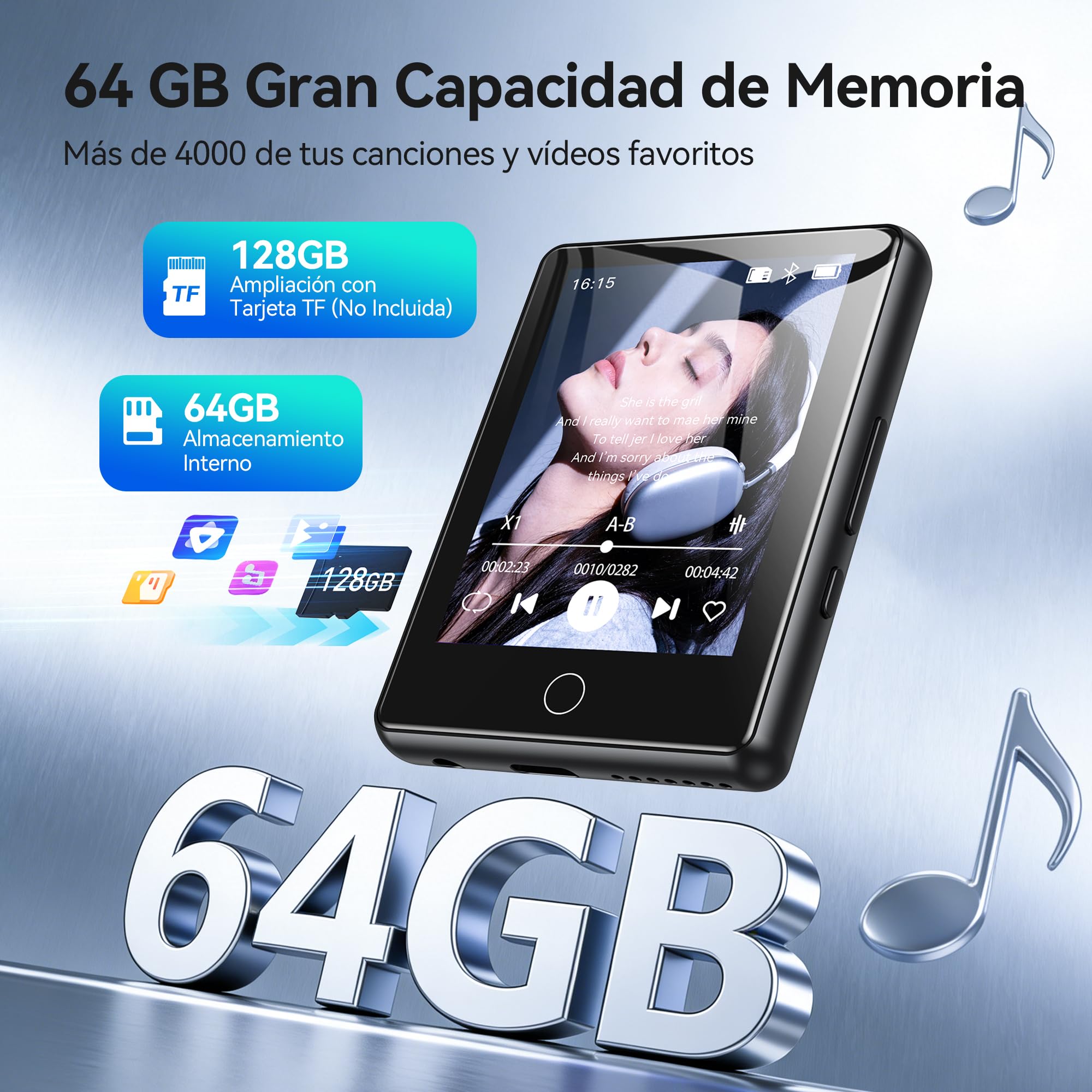 AGPTEK MP3 Bluetooth 5.3 con Pantalla Táctil de 2.8", Reproductor MP3 Sonido HiFi, Radio FM, Grabadora y Altavoz, 64GB Ampliable a 128GB y Player Funda
