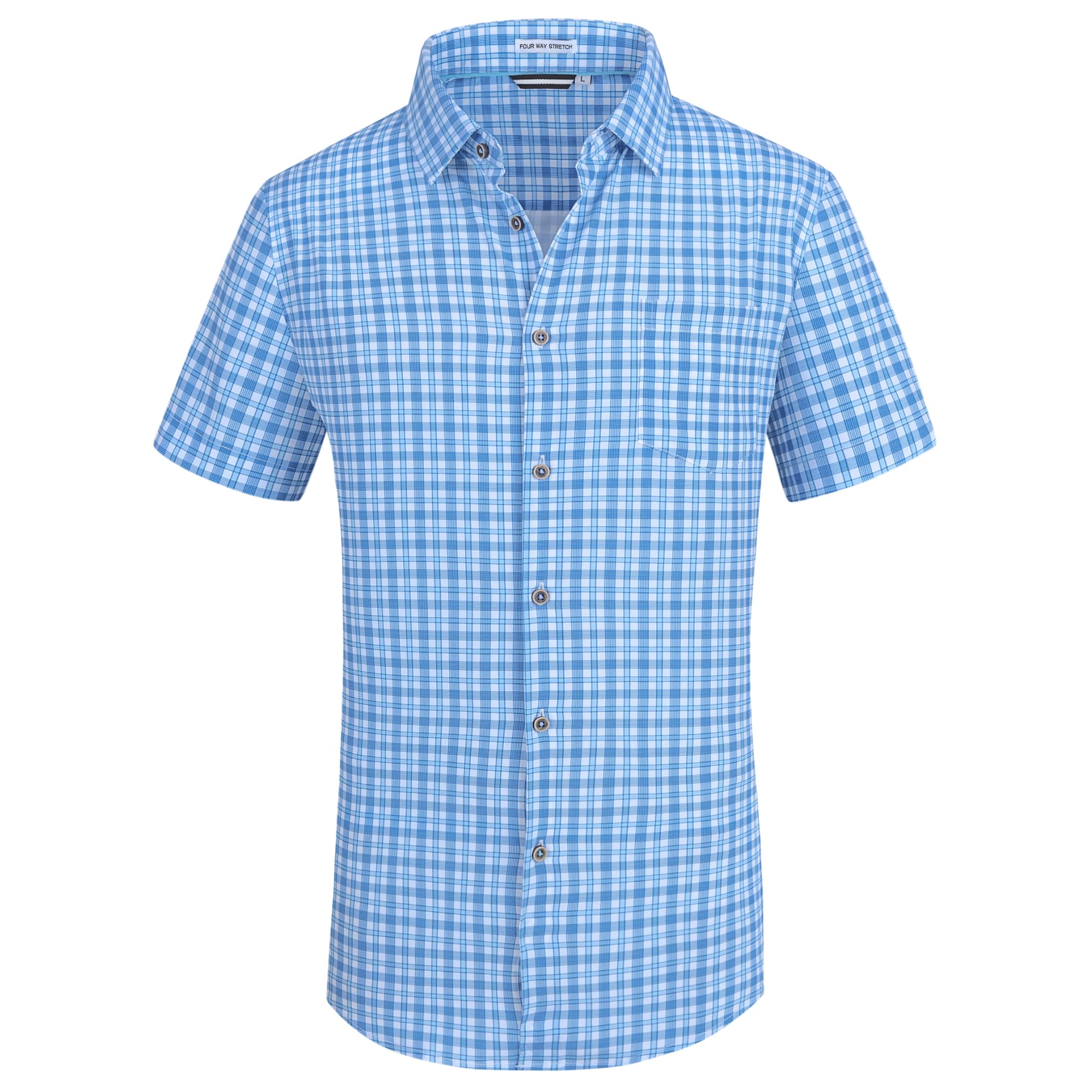 Mens Casual Button Down Shirts Wrinkle Free 4-Way Stretch Dress Shirs Short Sleeve Plaid Summer Shirts for Men