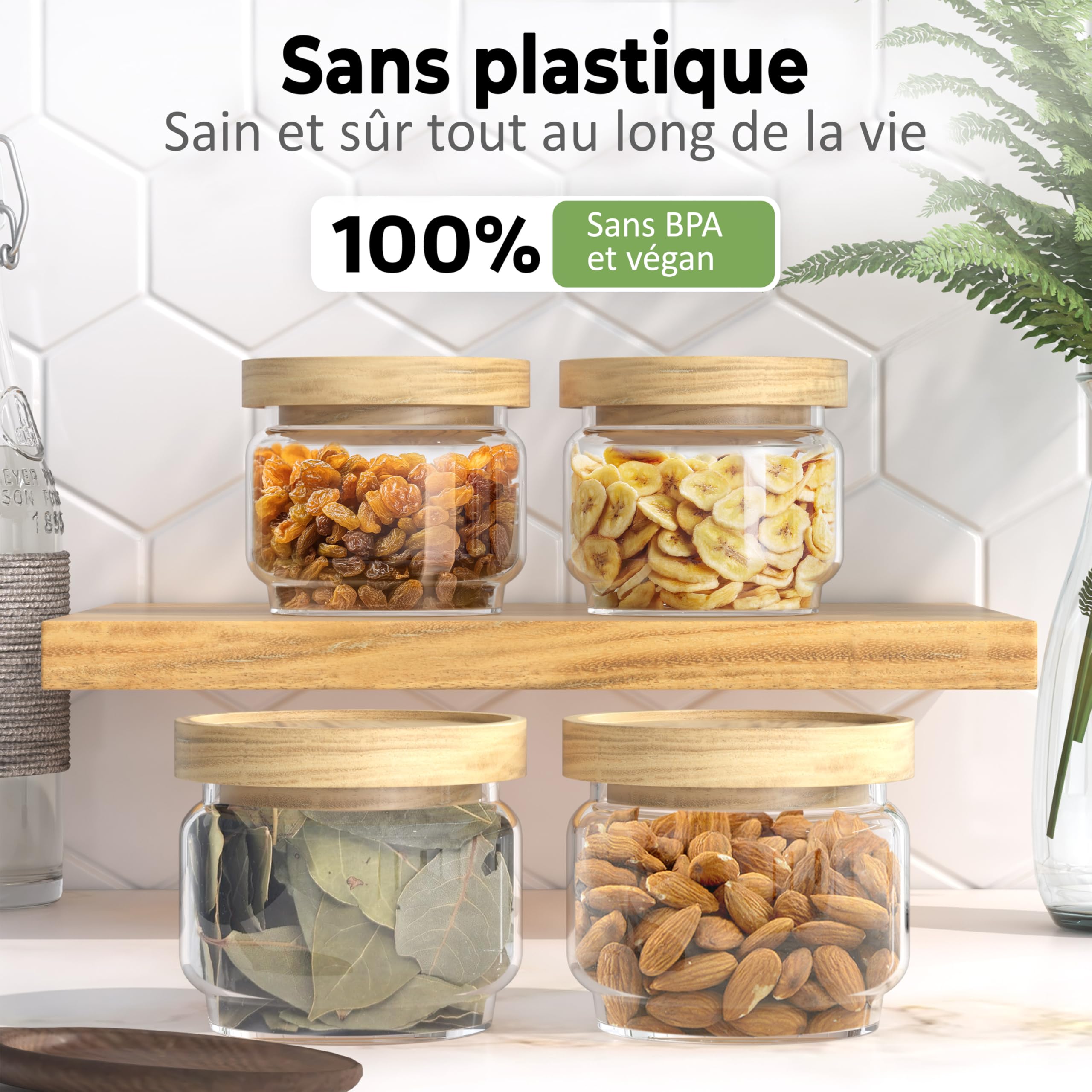 ElbFuchs® Bocaux en verre hermétiques 4x 300 ml | Sans BPA & anti-mites – Pots de conservation avec couvercle en bois | Noix, épices, thé & snacks