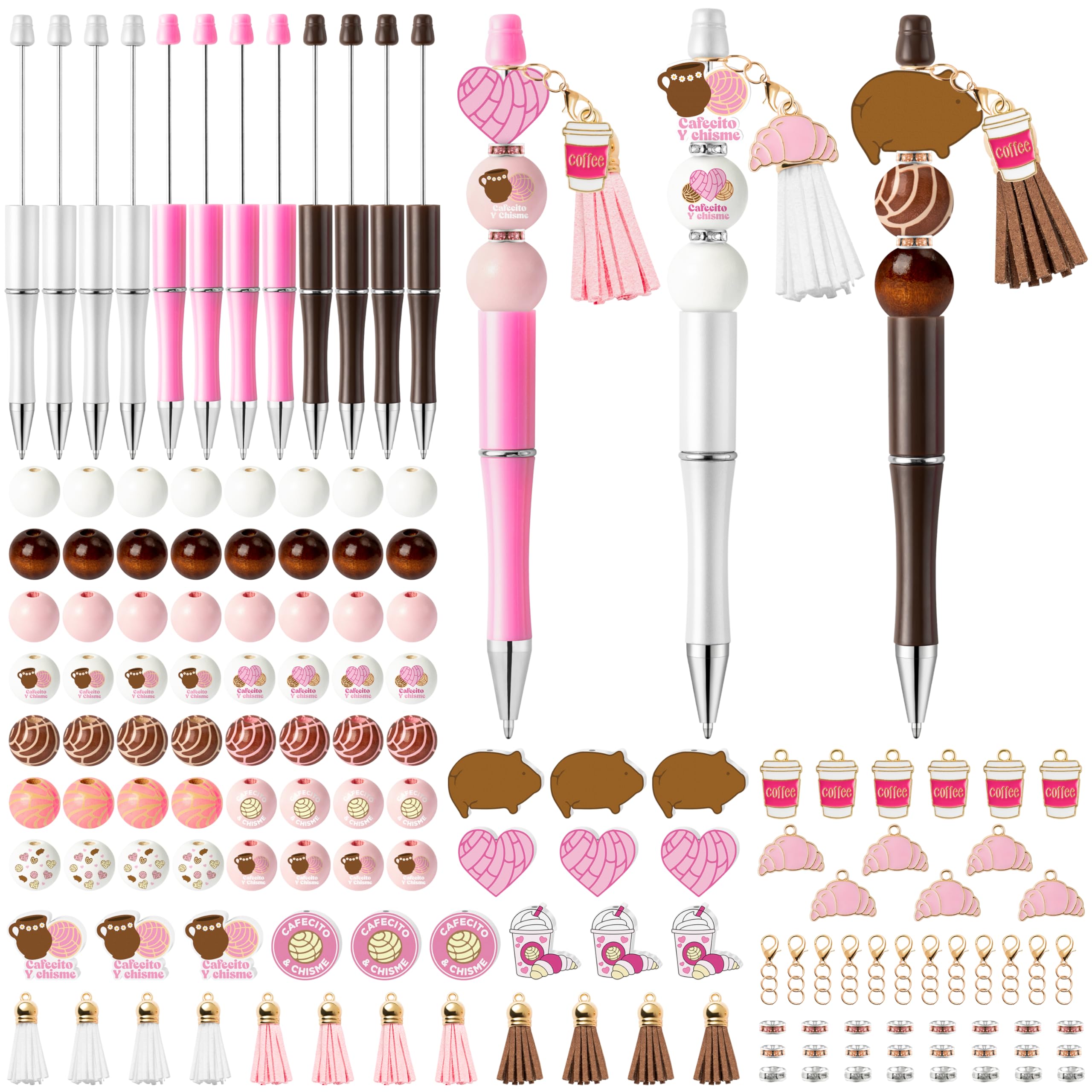QIMGIC Cafecito Beadable Pens Kit - 12 Set Funny Cafecito Chisme DIY Ballpoint Pen Making with Bead Craft, Coffee Party Beaded Pen Bulk Charm Tassel