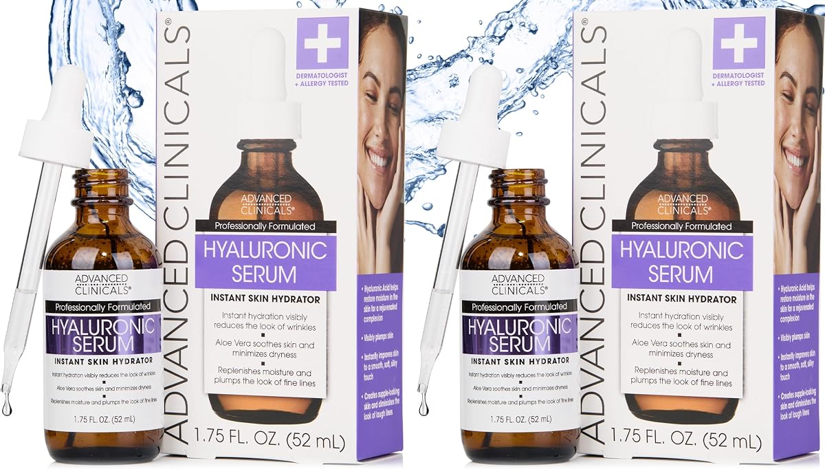 Advanced Clinicals Hyaluronic Acid Serum For Face | Moisturizing Facial Skin Care Products | Hydrating Serum For Face Helps Improve Look Of Wrinkles, Fine Lines, & Uneven Dry Skin Texture, 2-Pack