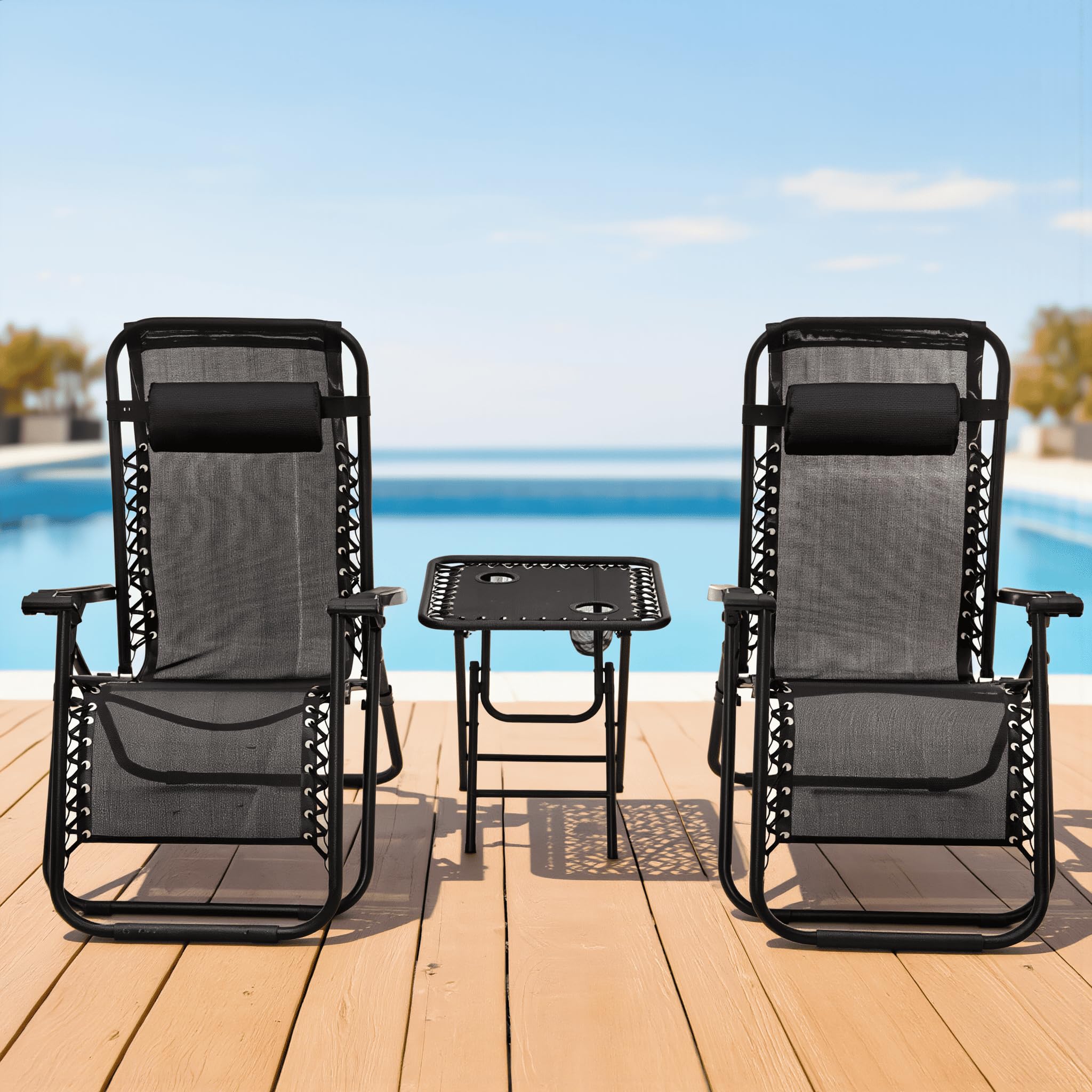 Set 2 Sdraio Zero Gravity con Tavolino 3 Pezzi – Sedia Reclinabile Pieghevole Textilene Nero – Schienale Bloccabile – Portata 120 kg – Arredo Giardino Terrazzo Piscina Mare Spiaggia