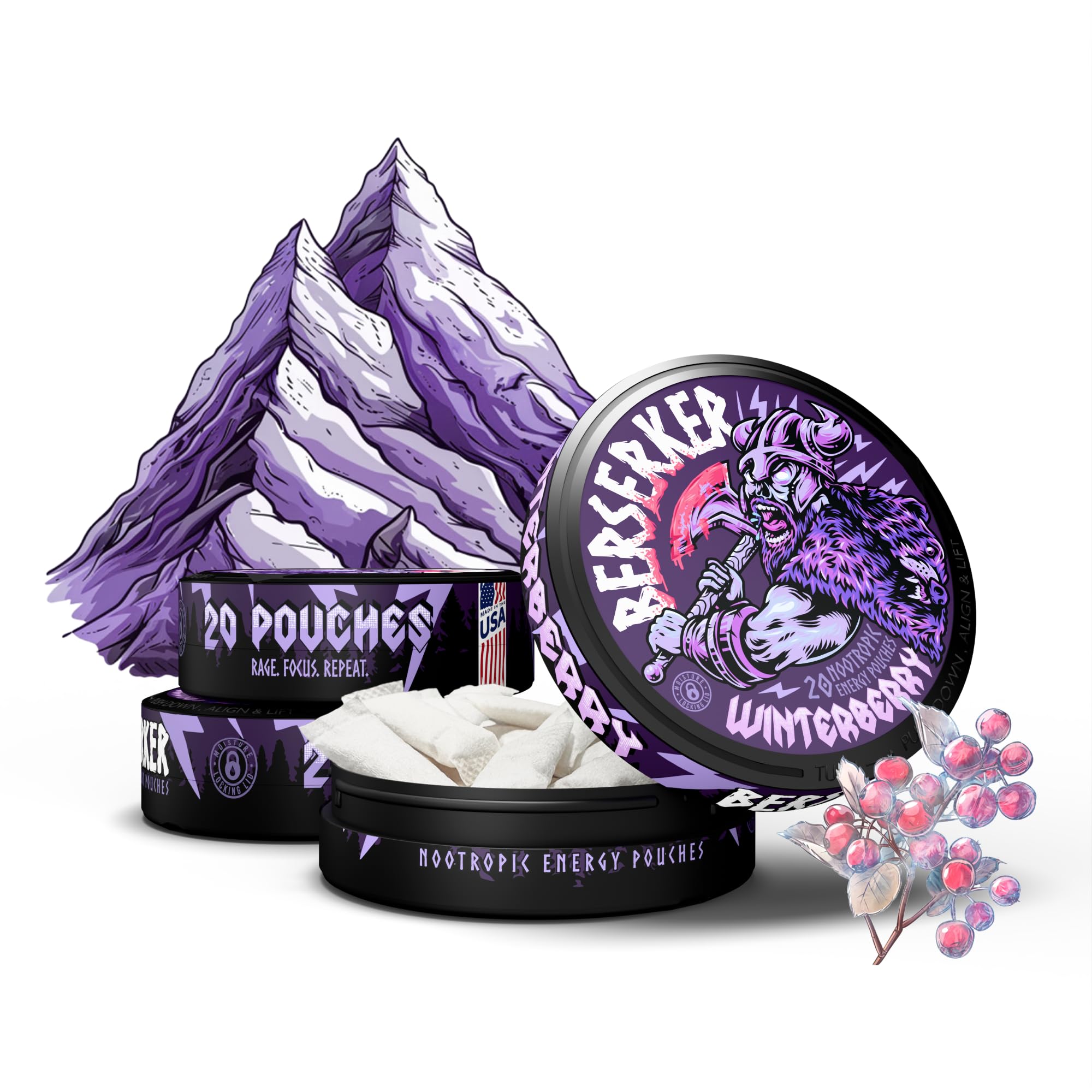 Berserker Focus Pouches - Winterberry - Caffeine Infused - 100mg Per Pouch - Nootropic Enhanced - 3 Pack - Tobacco & Nicotine Free - Energy Drink Replacement