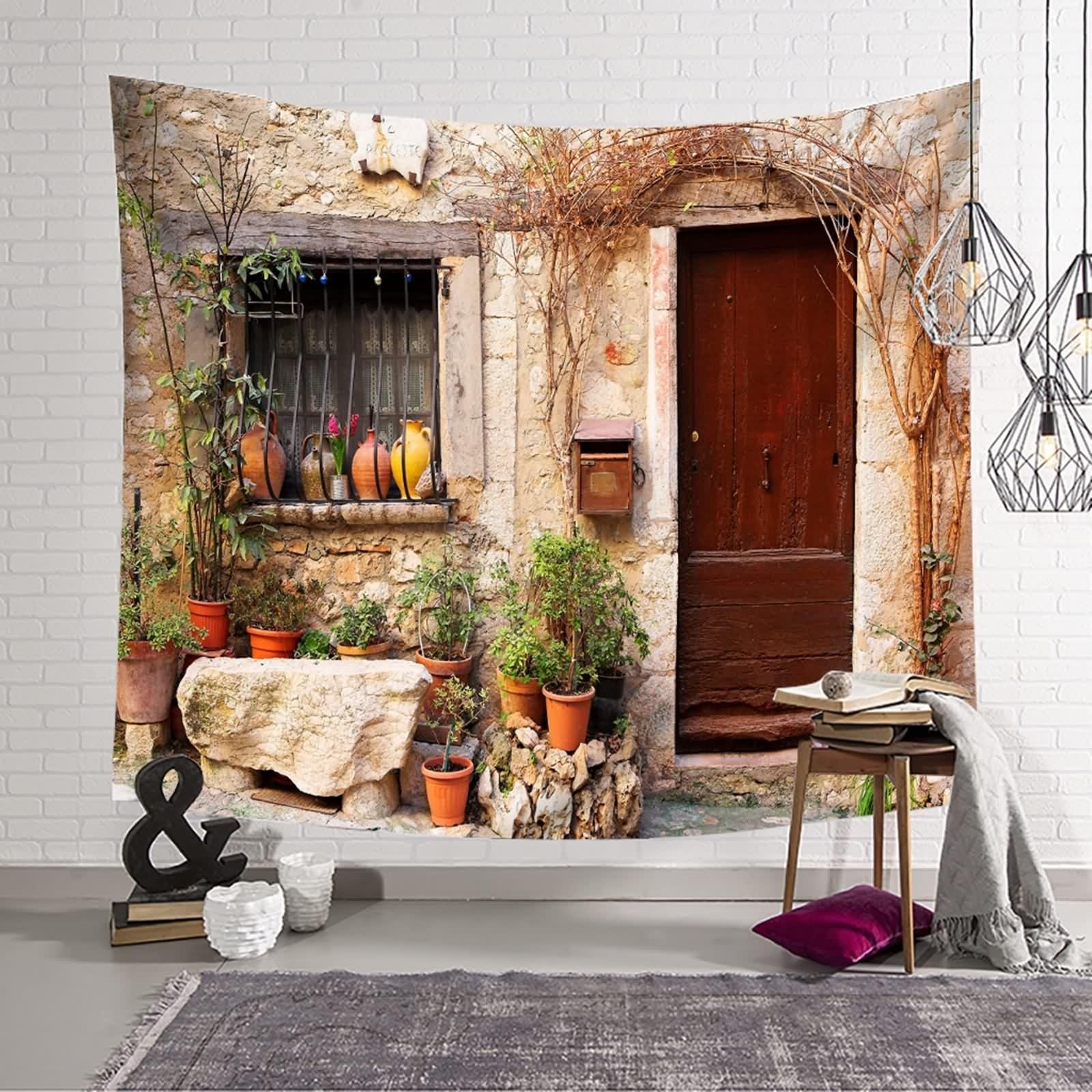 Tapiz decorativo de pared, rectangular, multicolor, puerta de madera de calles, poliéster, 240 x 220 cm