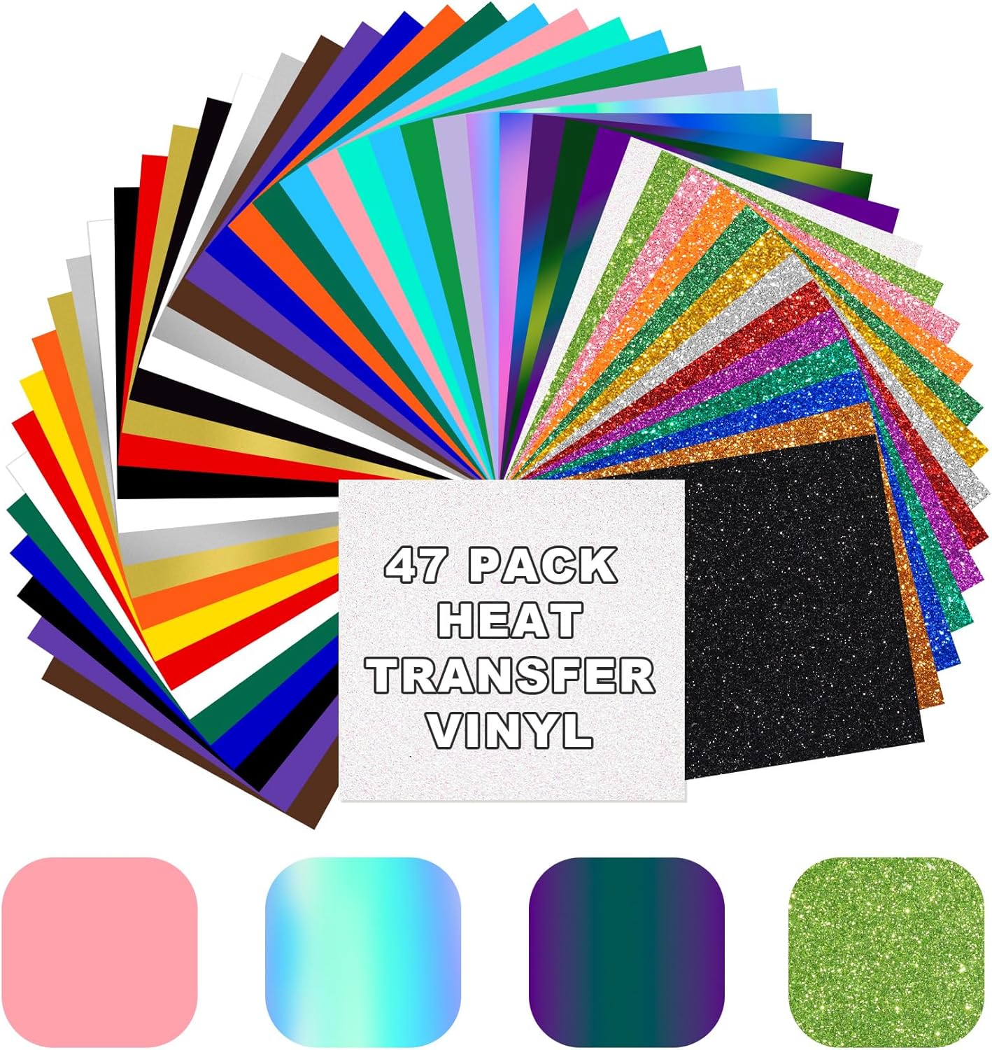 Heat Transfer Vinyl Bundle-47 Pcs 12" x 10" Iron on Vinyl for T Shirts HTV Vinyl Sheets, 34 Assorted Colors with Glitter & Chameleon HTV for All Cutter Machine, Easy to Cut & Weed