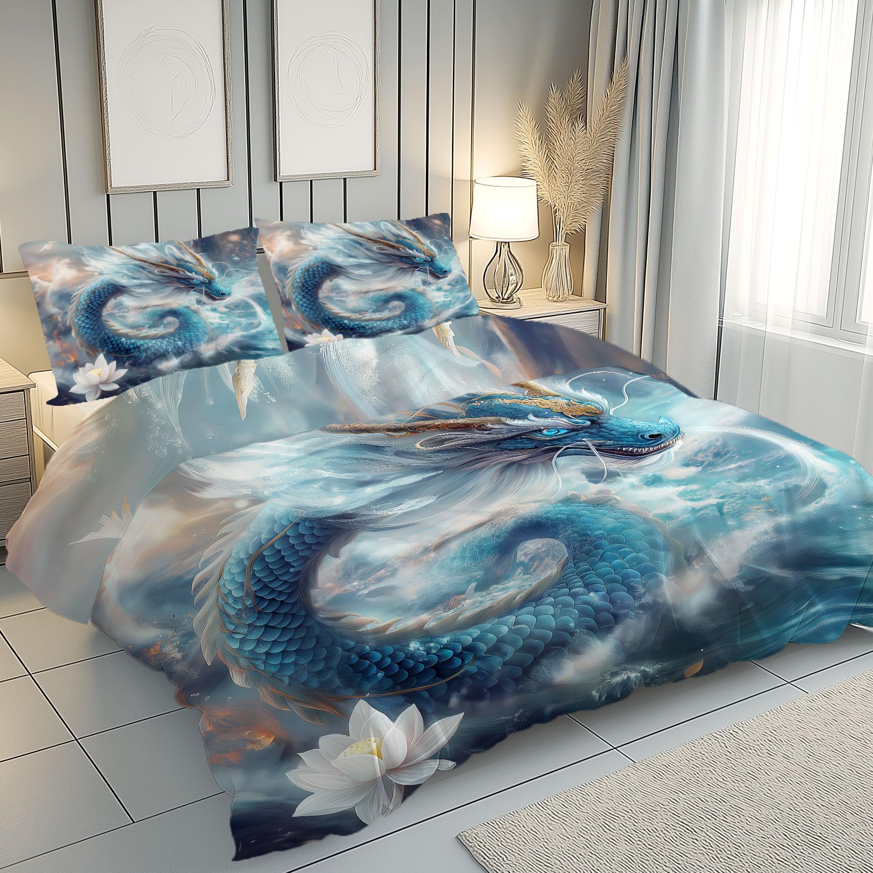 Parure de Lit Lotus Fleur Dragon, Housse de Couette Animaux Mythologie