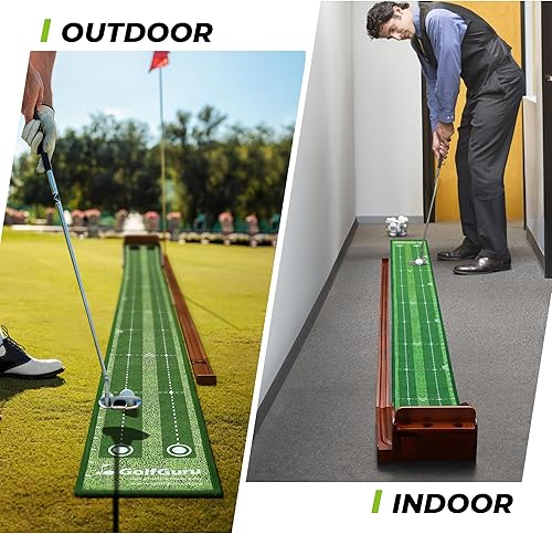 Miniatura 7 de Golfguru Putting Green, tapete de golf de 9.8 pies con pista de retorno de bola automática y espejo de putting, verdes de putting para interiores