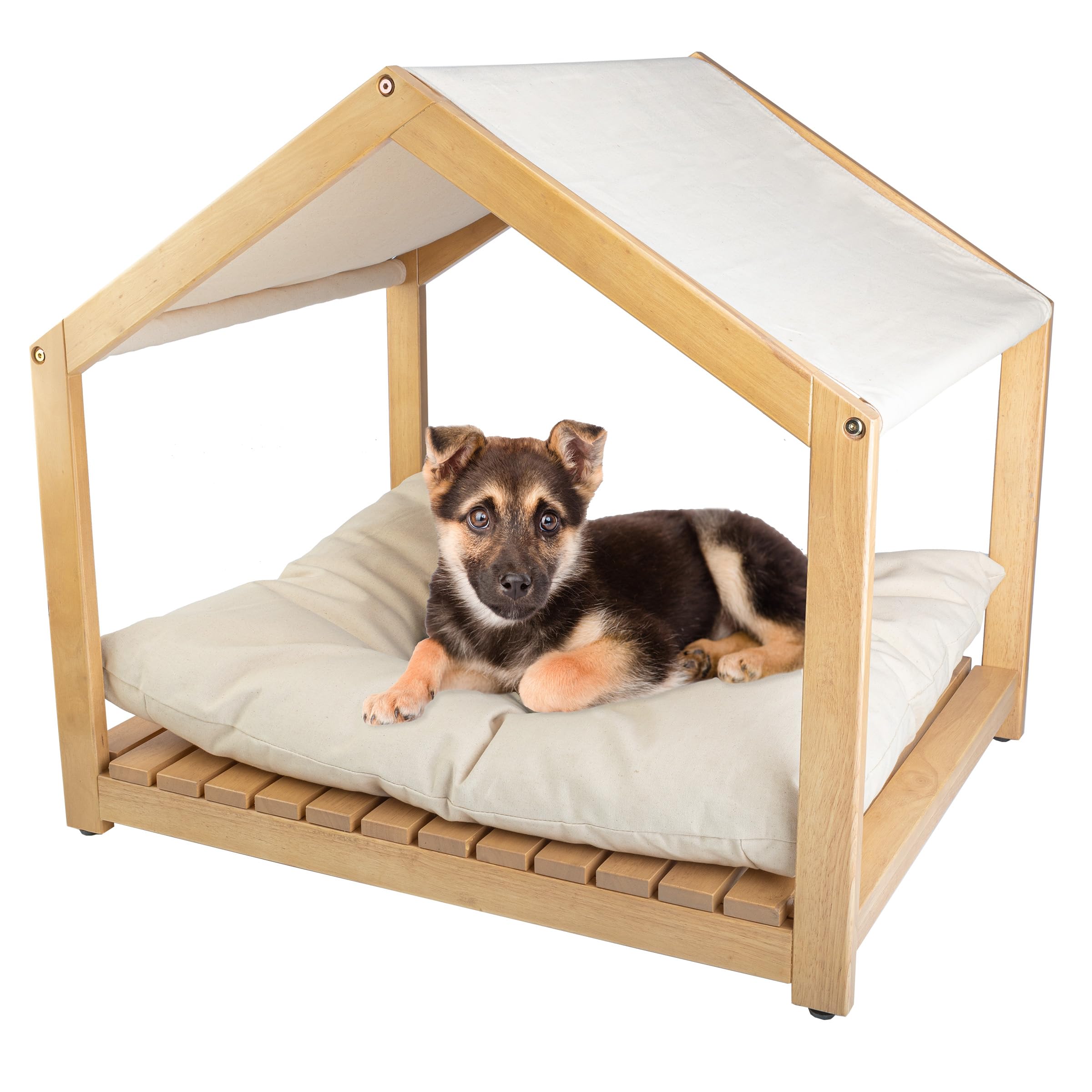 Dog House - 30x24-Inch Indoor Dog House with Soft Cushion and Adjustable Canopy - Wood Dog Furniture for Small to Medium Pets up to 70lbs by PETMAKER