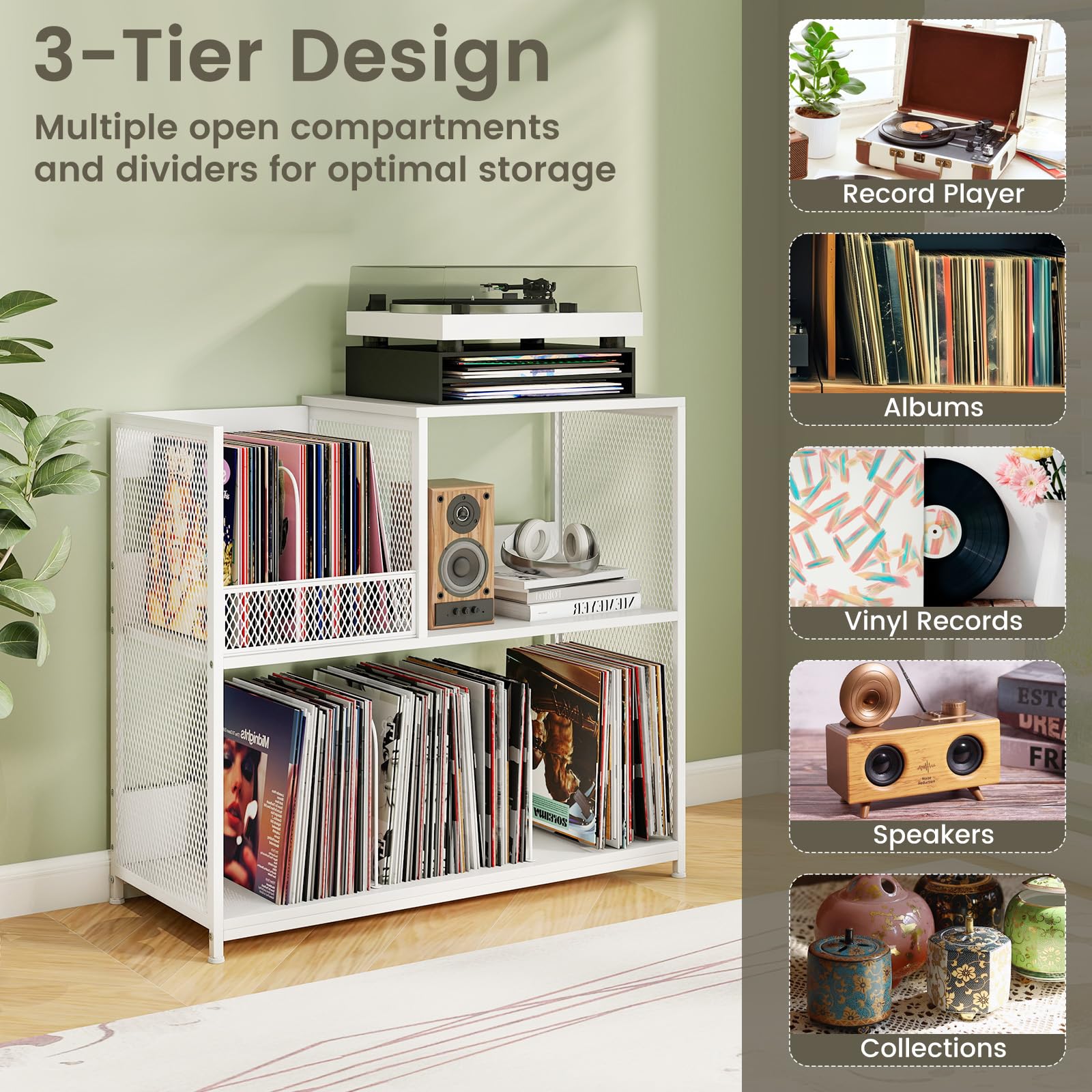 GIANTEX Supporto per giradischi a 3 livelli, espositore a disco in vinile per 300 album, 3 divisori rimovibili, organizer per album, telaio in metallo, libreria per soggiorno, studio, ufficio (bianco)