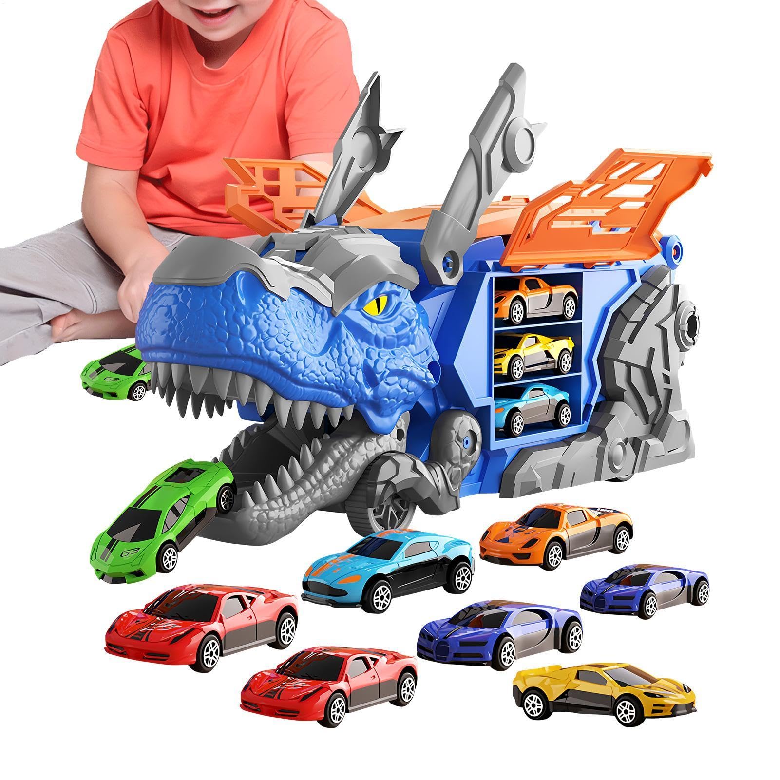 Camion di dinosauro con auto, doppia pista portatile, con 12 auto