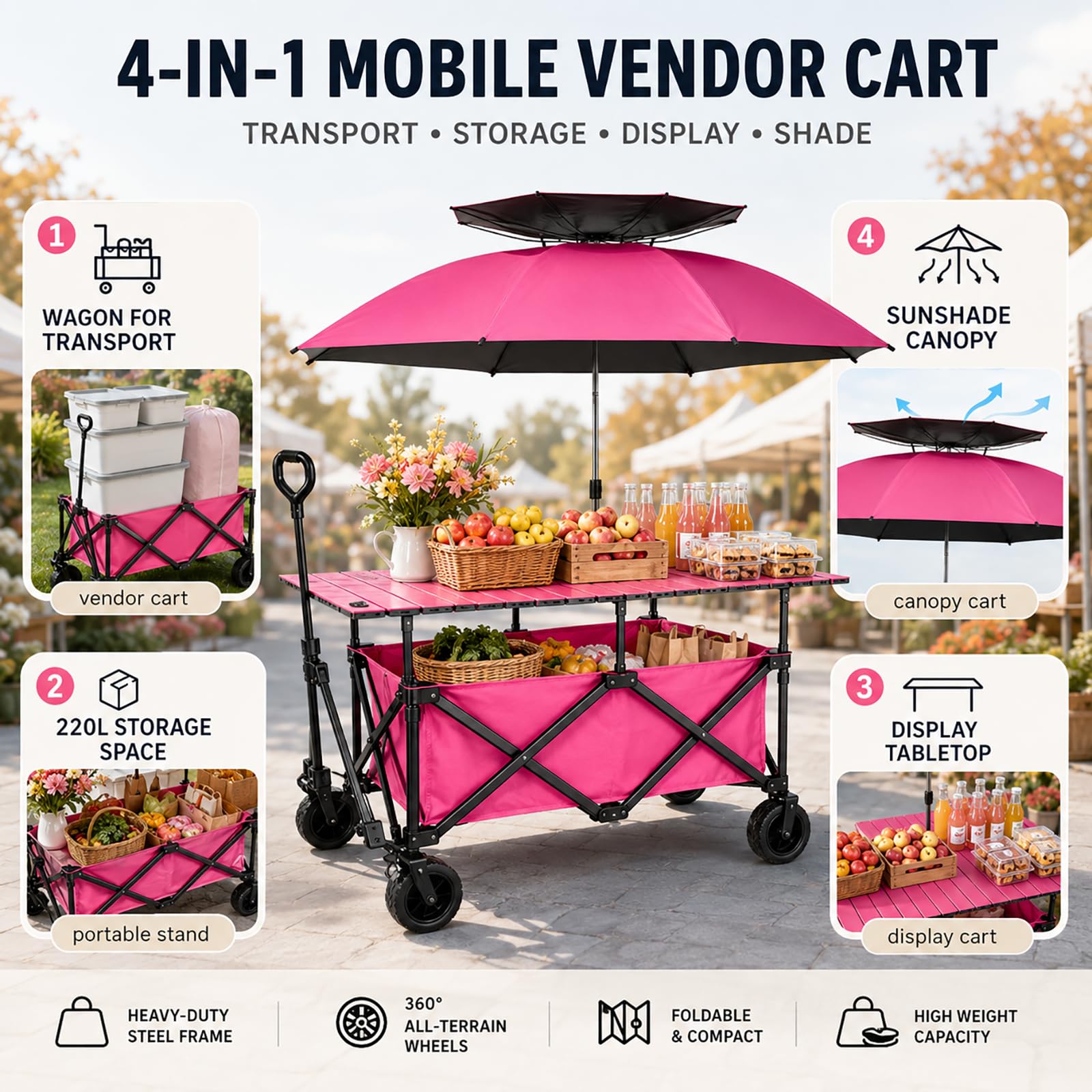 Stand da Mercato Pieghevole, Carrello da Vendita con Tavolo e Ombrellone | Bancarella Mobile con Vano Portaoggetti e Ruote per Mercatini ed Eventi(orange)