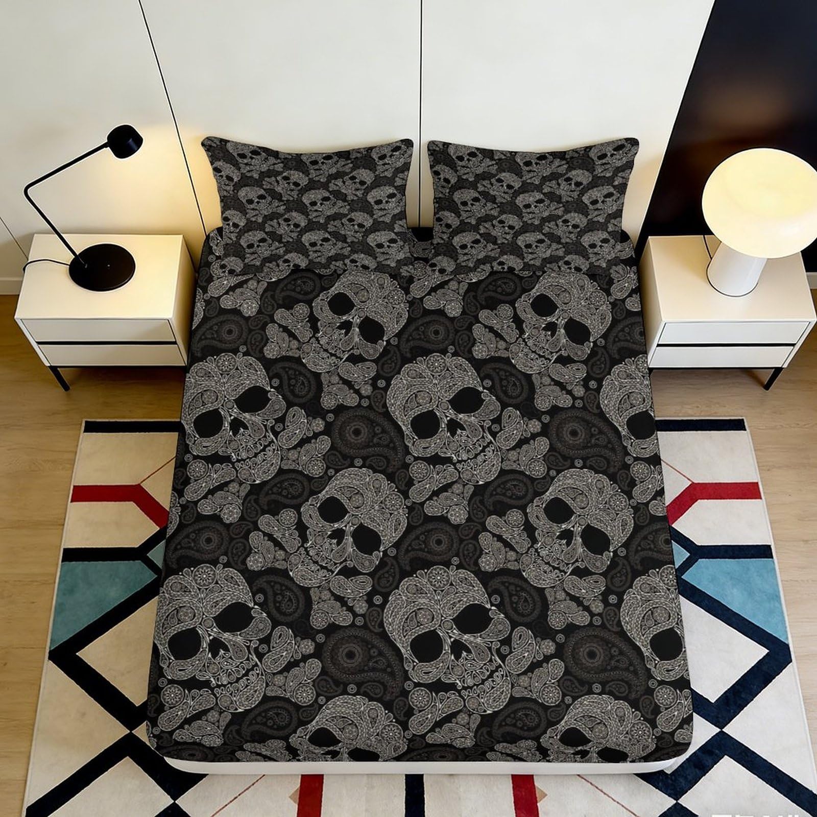 3D Printed Skull Fitted Sheet Microfiber Non-Slip Deep Pocket Bedding Skull Mattress Fitted Cover Elastic Wrap Washable Bedroom Use 90x200x25cm
