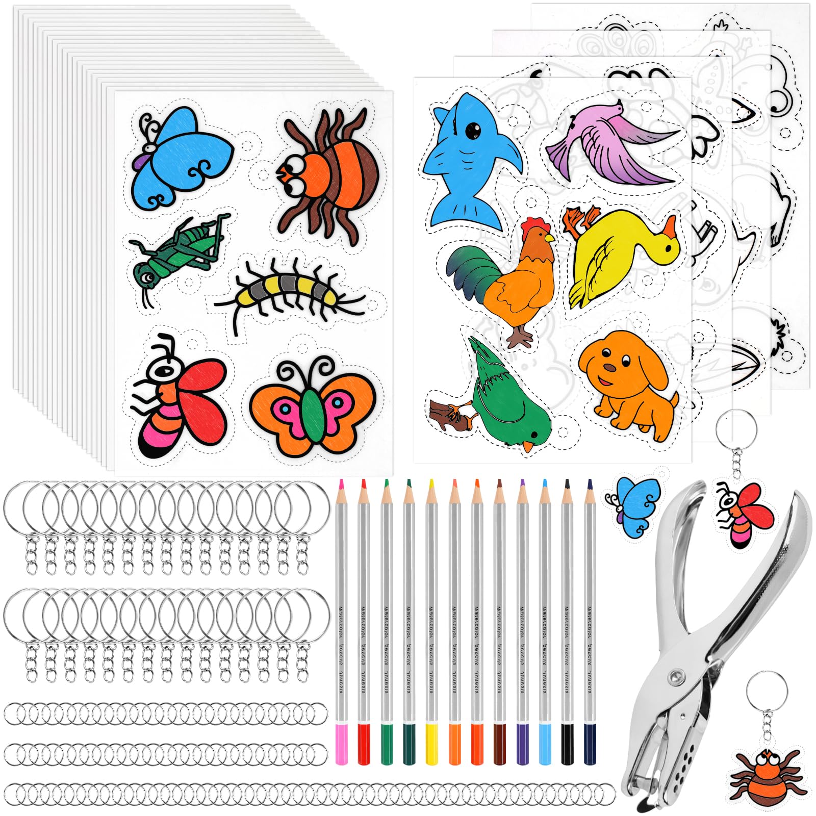 Hopton Schrumpffolie Set Für Kinder, 169 Stück Dekorationen Material, Basteln Mit Buntstiften, Locher Und Schlüsselbundz