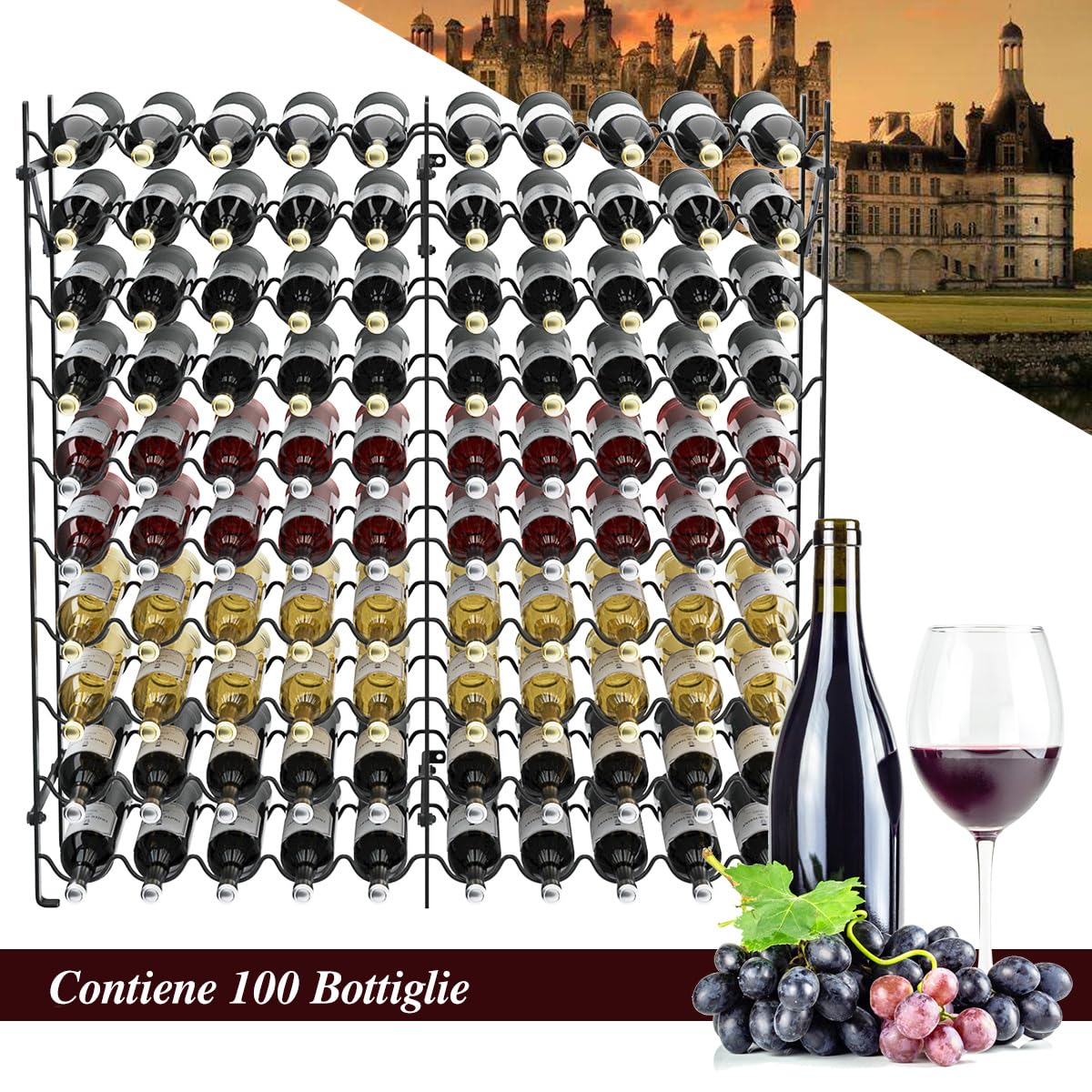 COSTWAY Cantina Portabottiglie in Metallo, Scaffale Espositivo per Vino Stabile Senza Oscillazioni, Porta Vino a 10 Ripiani per 100 Bottiglie, per Bar, Cantina e Sala da Pranzo, 98 x 25,5 x 100 cm