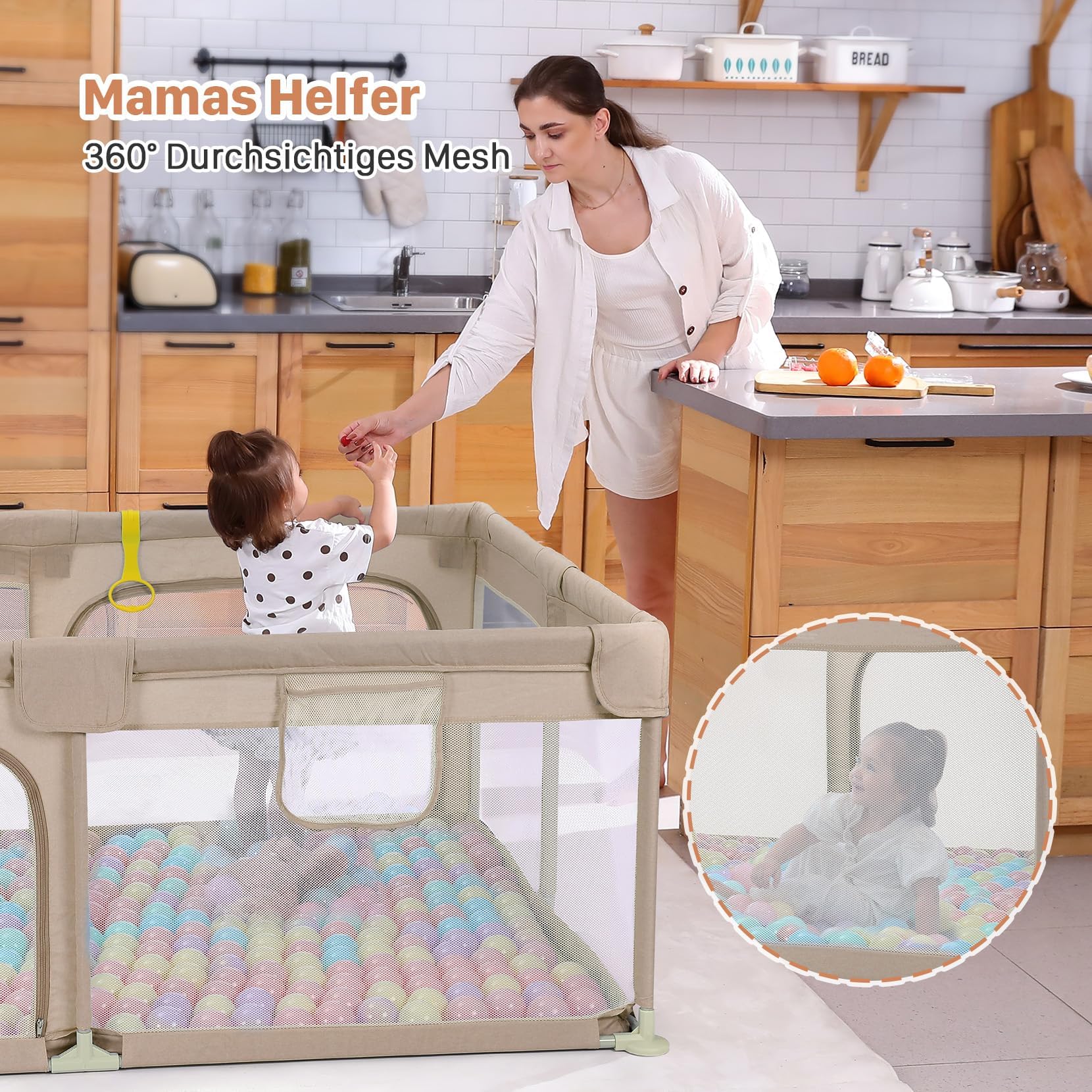 Dripex Laufgitter für Babys, Laufstall mit atmungsaktivem Netz, Spielgitter für Babys, 5 Laufgitterringe, 120 x 180 cm, Braun | 120 x 180 cm, atmungsaktives Oxford-Gewebe, 5 Ringe
