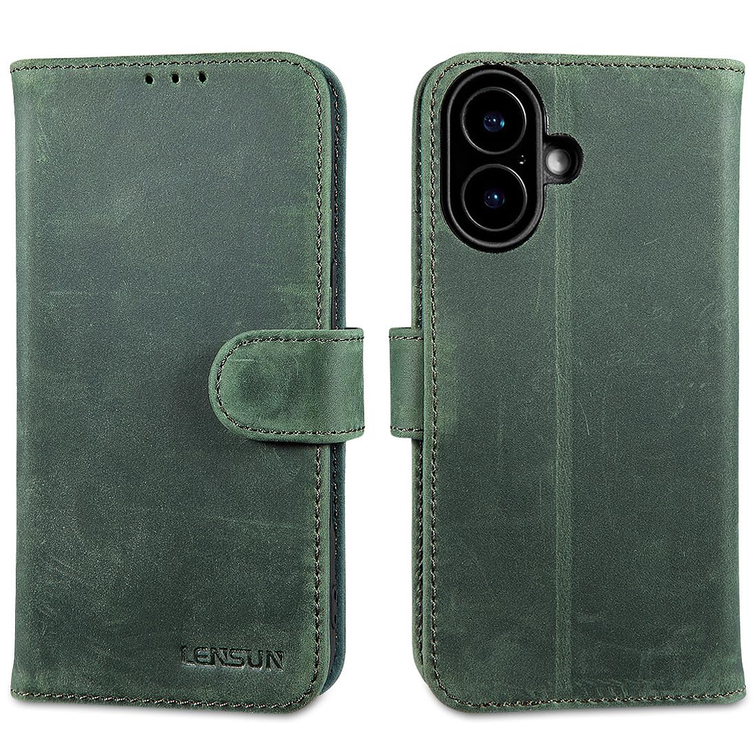 Coque iPhone 17 en cuir véritable LENSUN étui à rabat vert rétro - 7