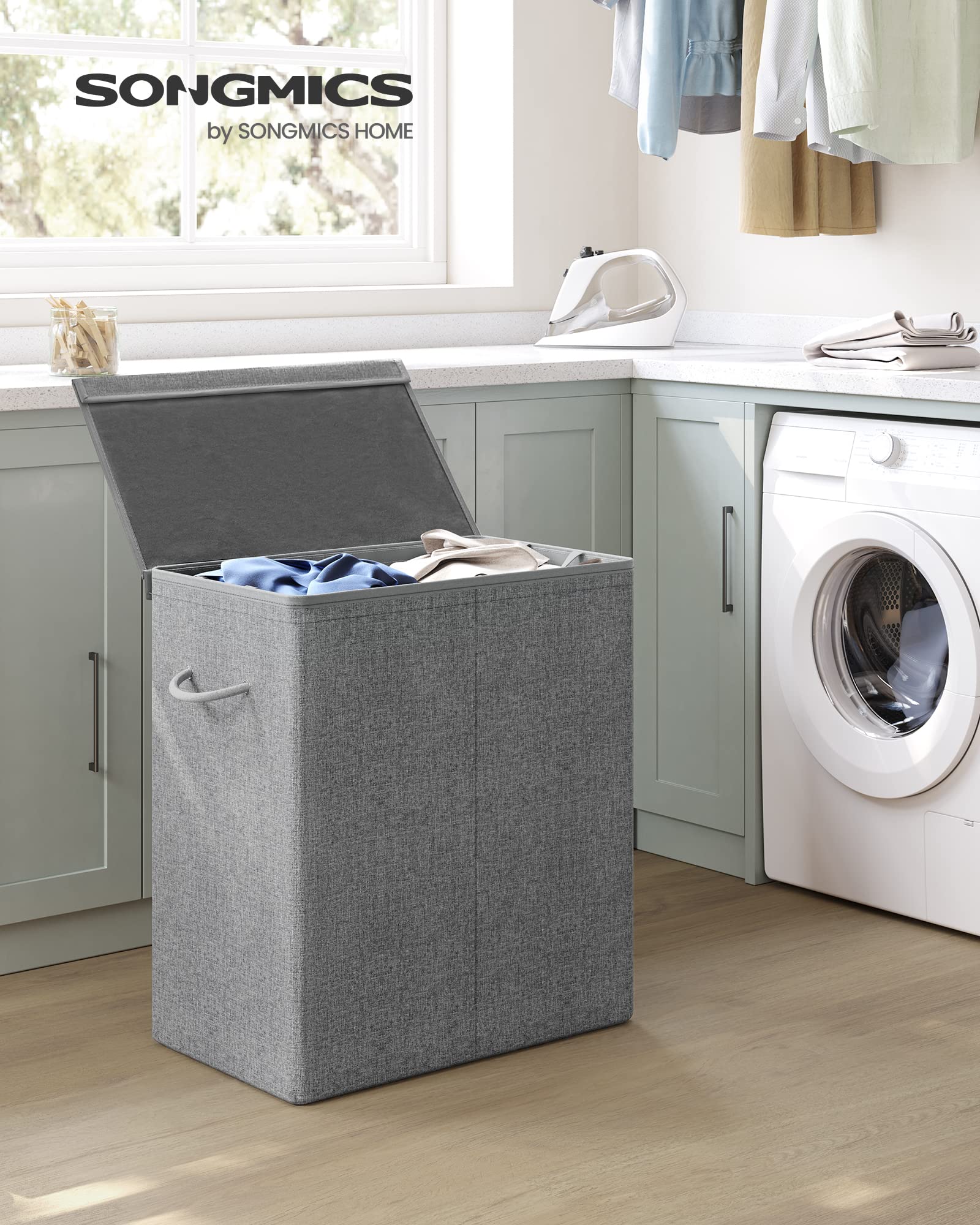 SONGMICS Cesto Portabiancheria, 142L, a 2 Scomparti, Coperchio Magnetico | Cesta Biancheria, in Simil Lino, Pieghevole, Organizza per Tipo, Sacco Rimovibile, Maniglie, Grigio, Collezione TINA LCB02G