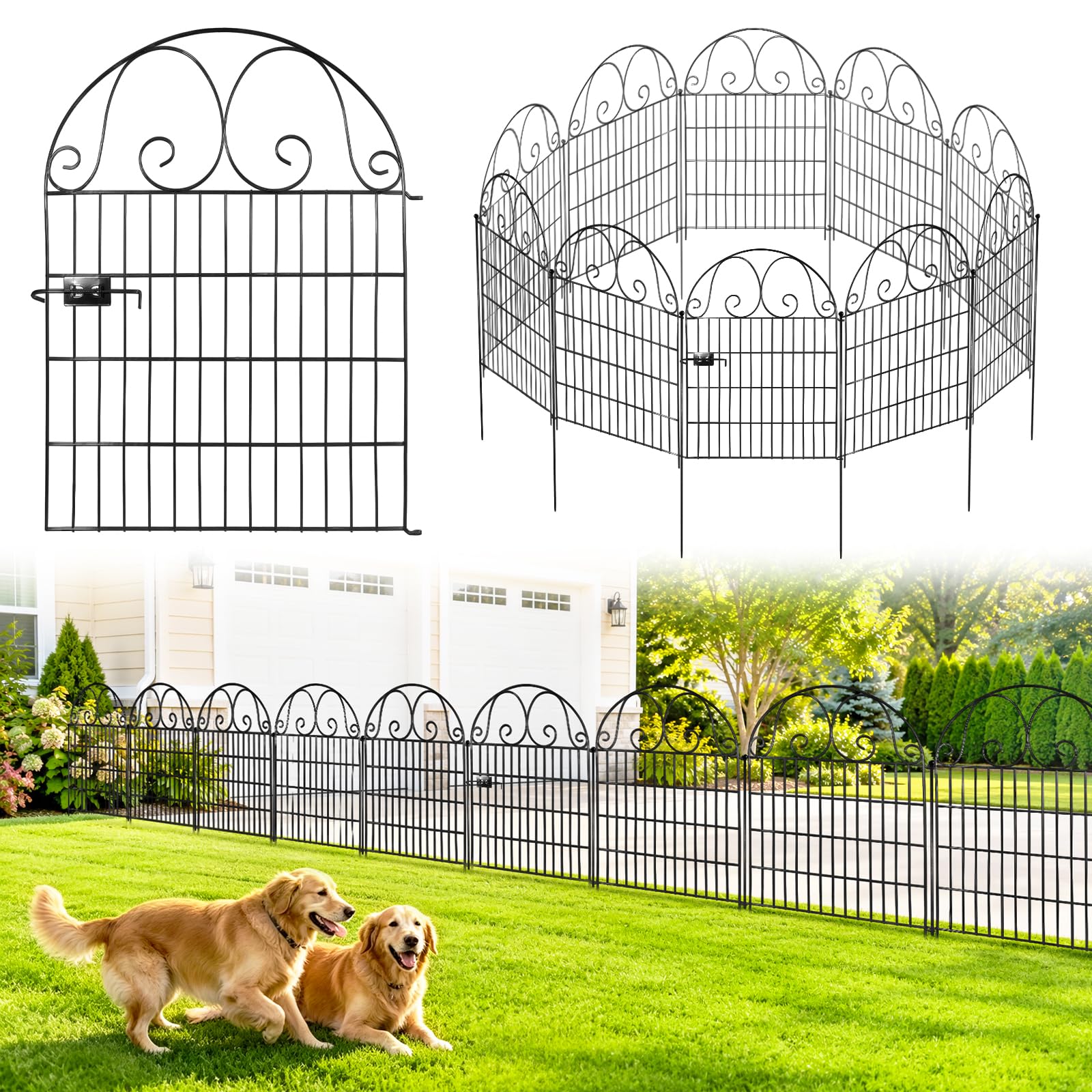 12 Panels Decorative Garden Fence, 135cm H x 8.16m L No Dig Fence with Gate