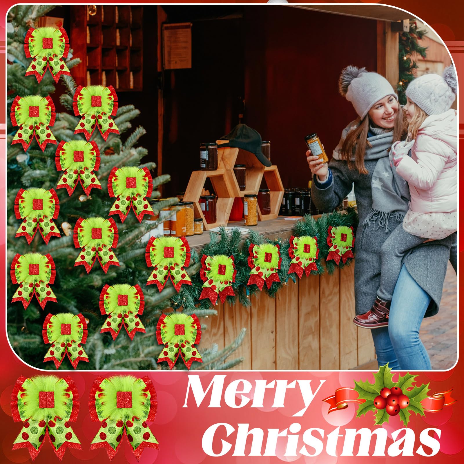 Knitgrip 12 lazos rojos y verdes para árbol de Navidad, coronas de Navidad de 8.66 pulgadas, lazo de terciopelo para decoración de árbol de Navidad con adornos verdes esponjosos para fiesta de Navidad