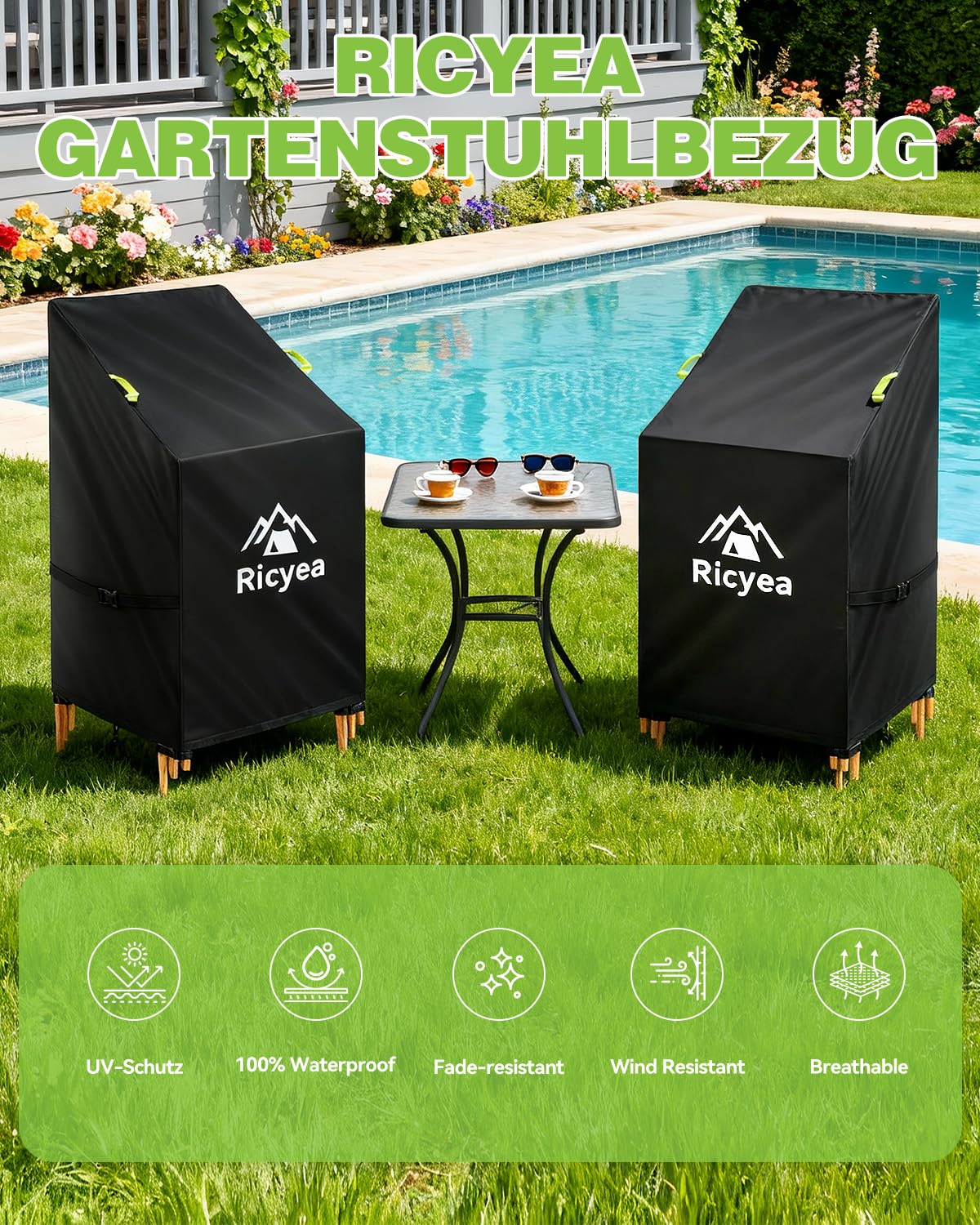 Gartenstuhl Abdeckung, 2er Schutzhülle für Gartenstühle Wasserdicht, Winterfest & UV-Beständig, 420D-Oxford Reißfeste Abdeckhaube für Stapelstühle mit Kordelzug & 4 Verschlussgurte, 70x70x80/120cm