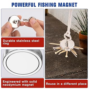 Neodymium Fishing Magnet, 150 lbs Strong Magnet Fishing, Magnetic Fishing Magnets Heavy Duty for Remover, Super Powerful Round Magnets for Retrieving Items in Lake, Beach, Lawn 1.42(36mm)