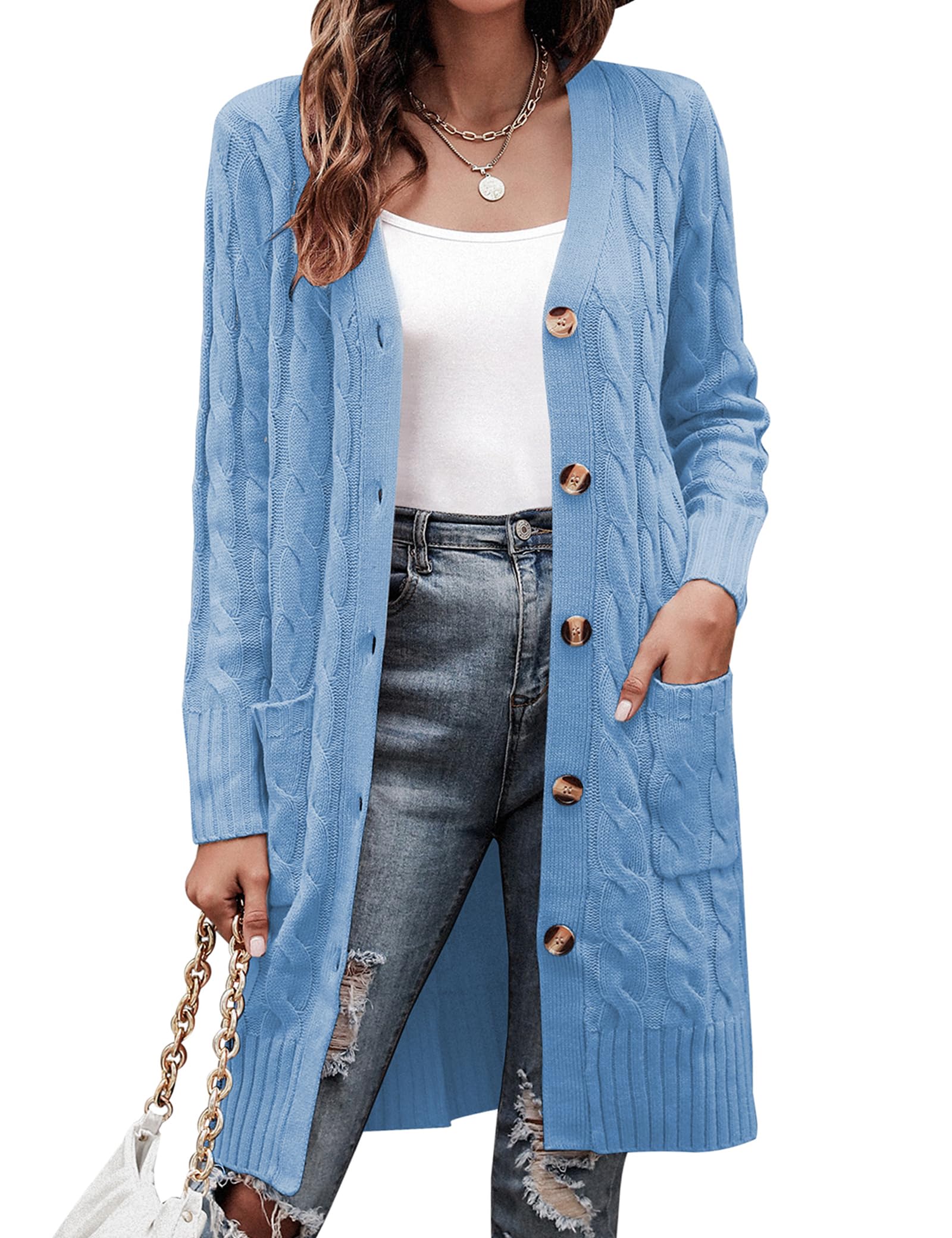 Aottori Damen Cardigan Strick Strickjacke Herbst Winter Strickmantel Langarm Grobstrickjacke Lange Longstrickjacke Casual Blau L