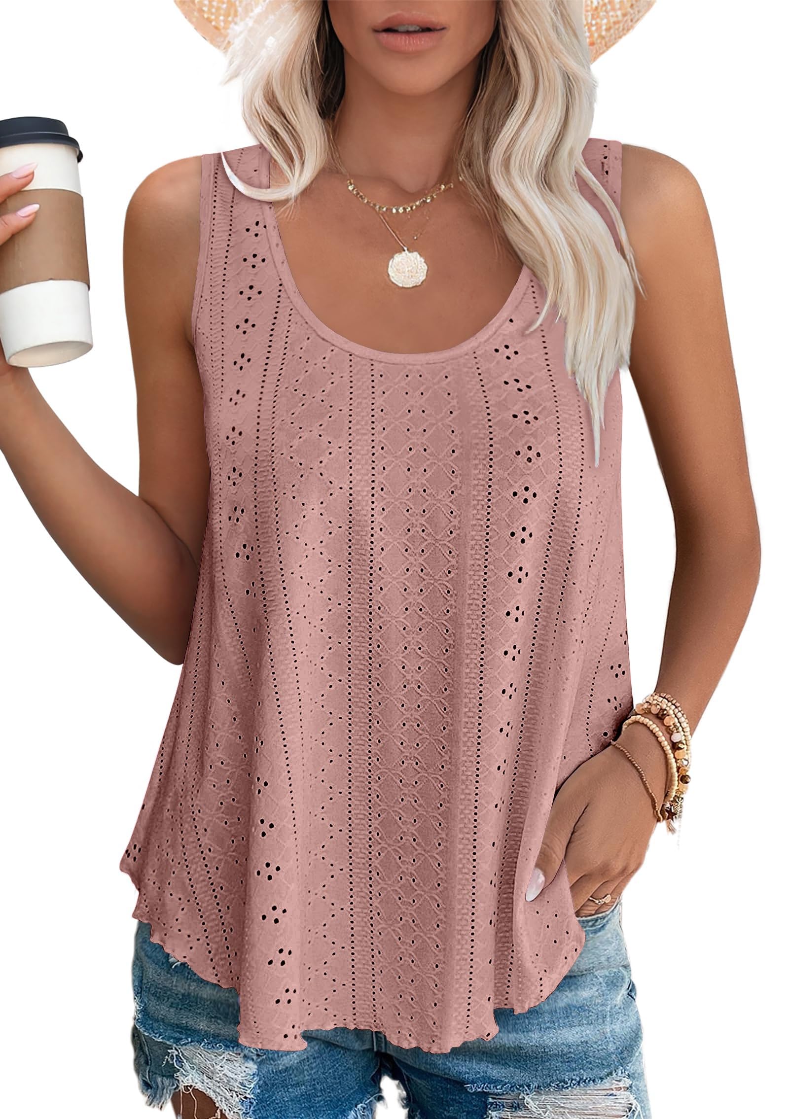 isermeo Womens Tank Tops Eyelet Embroidery Scoop Neck Loose Casual Sleeveless Flowy Summer Shirts Trendy S-2XL