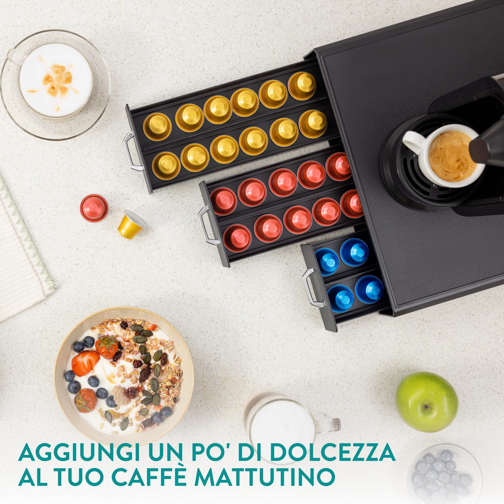 Navaris Porta Cialde Caffe - Porta Capsule con 3 Cassetti Compatibile con Capsule Standard - Cassetto Porta Cialde Moderno ed Elegante - Portacialde da Caffè o Tè - Nero